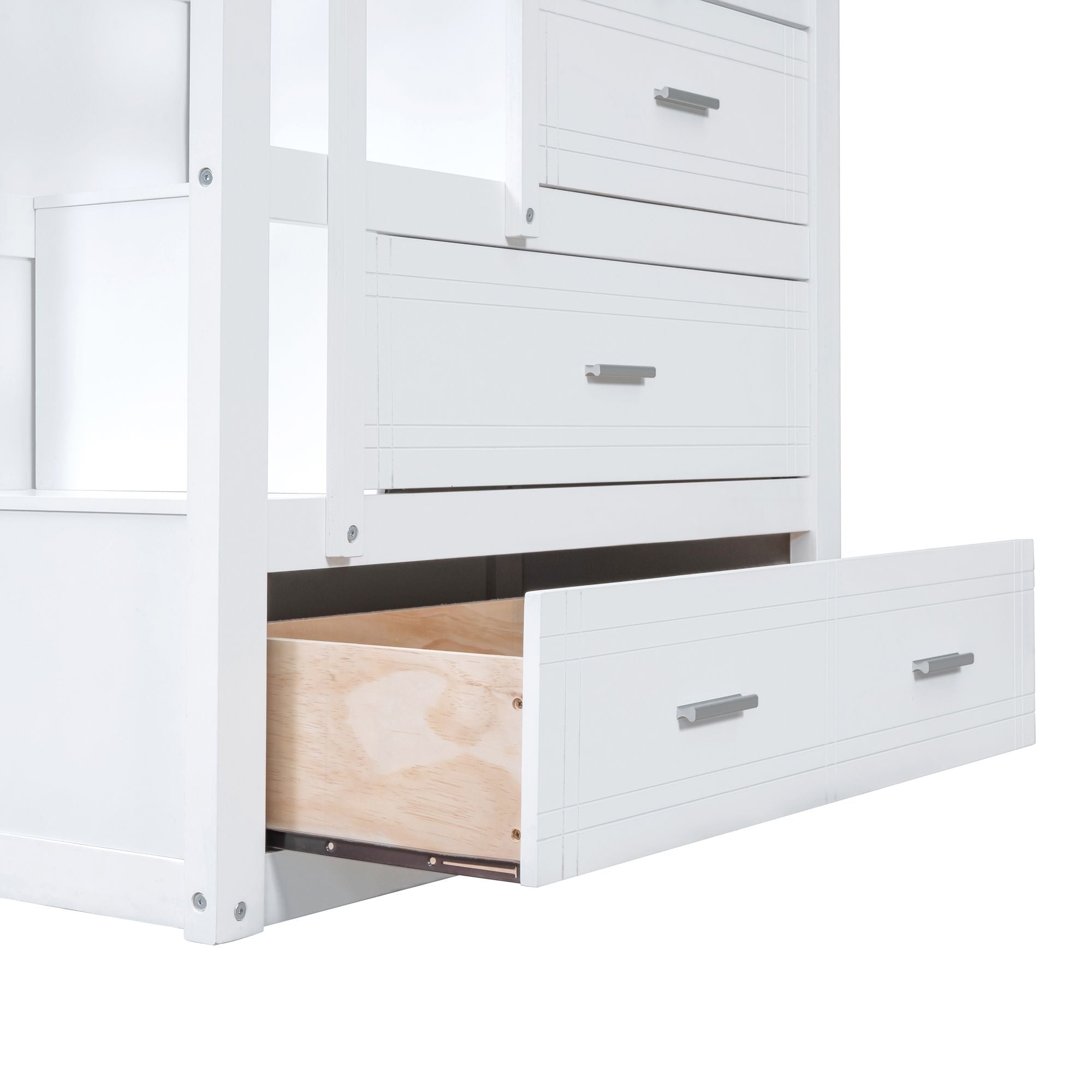 Space-Saving Twin Over Twin Wood Bunk Bed with Staircase Storage and Trundle in White | Just Better Bunk Beds