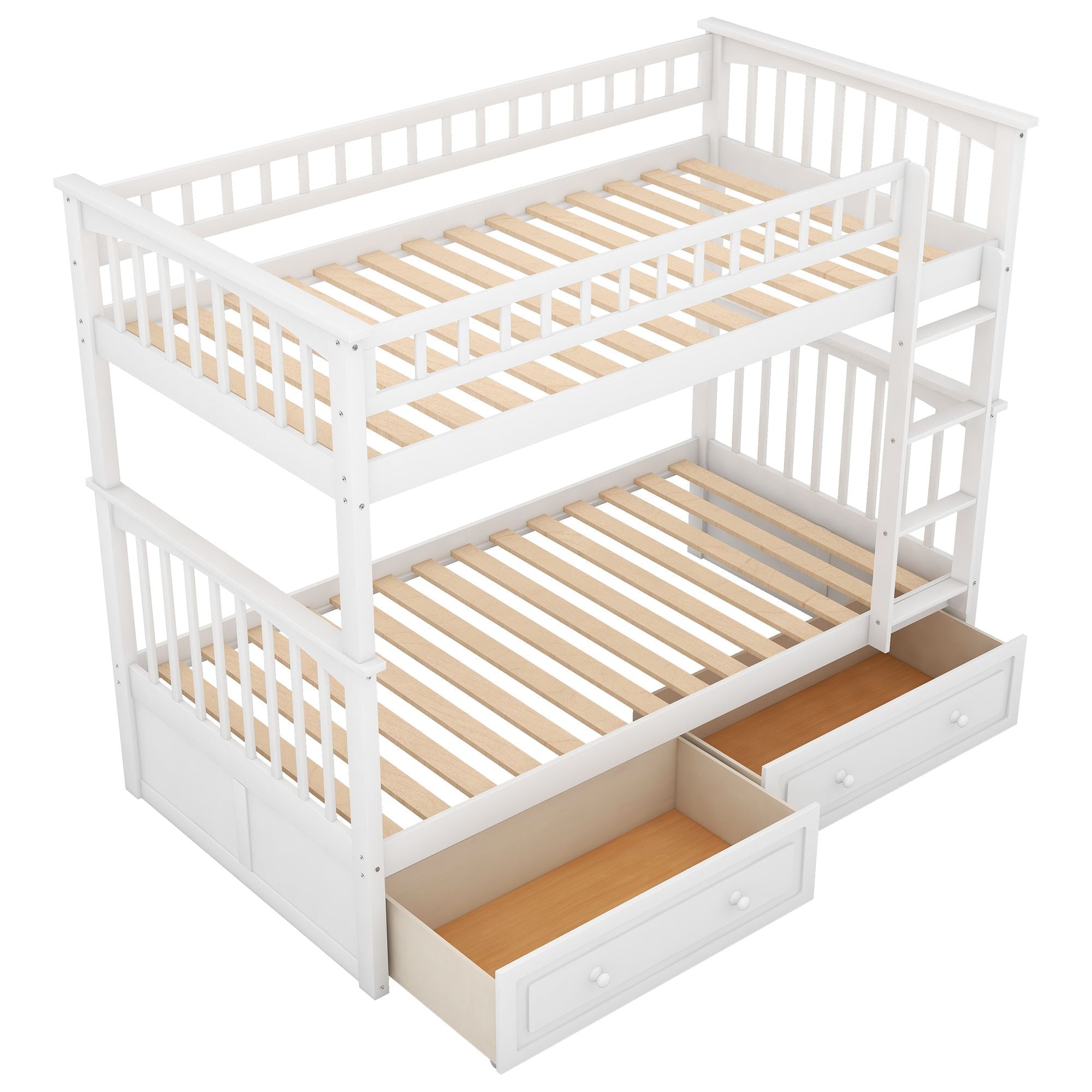 Space-Saving Twin over Twin Wood Bunk Bed with Storage Drawers and Convertible Design in White | Just Better Bunk Beds