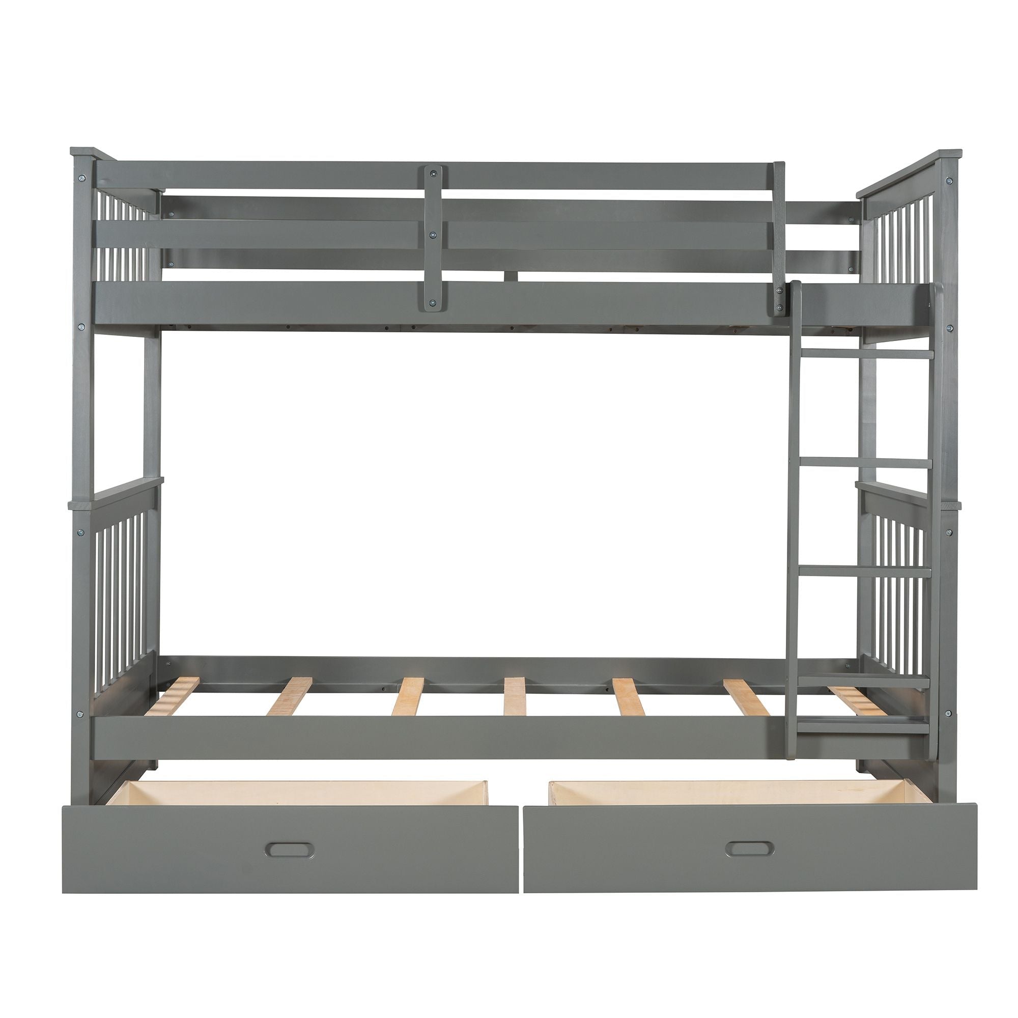 Space-Saving Twin Over Twin Wood Bunk Bed with Storage Drawers and Ladders, Gray | Just Better Bunk Beds