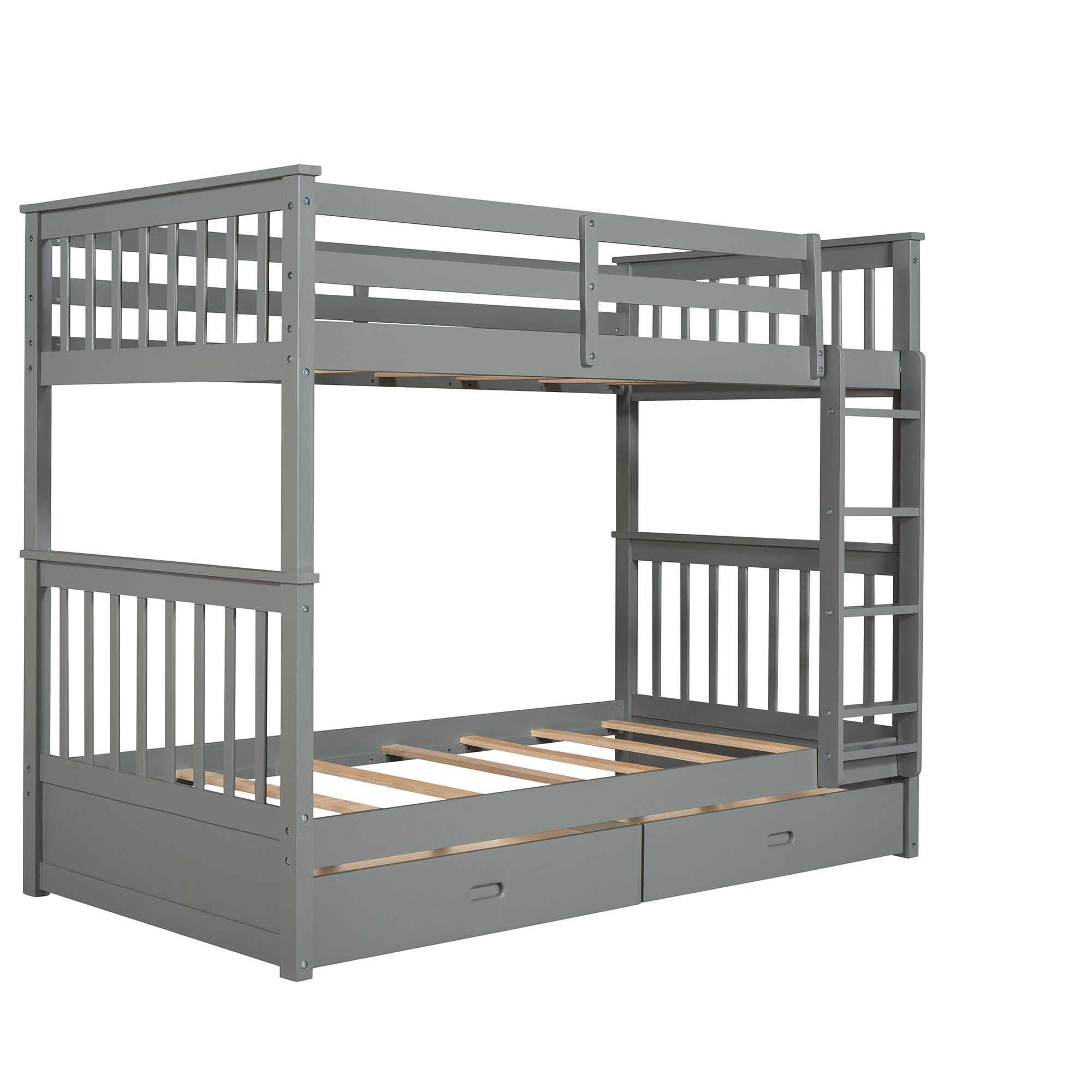 Space-Saving Twin Over Twin Wood Bunk Bed with Storage Drawers and Ladders, Gray | Just Better Bunk Beds