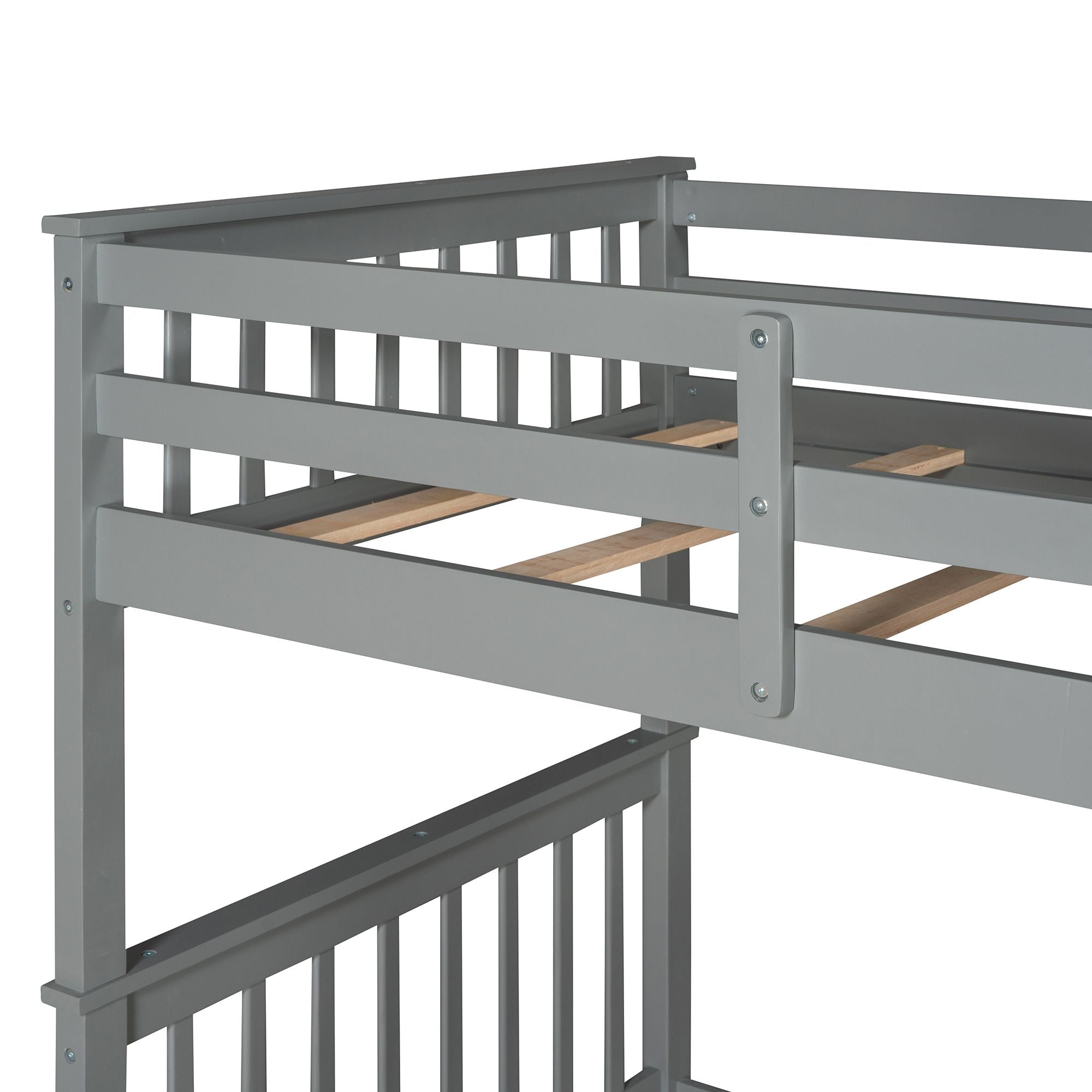 Space-Saving Twin Over Twin Wood Bunk Bed with Storage Drawers and Ladders, Gray | Just Better Bunk Beds