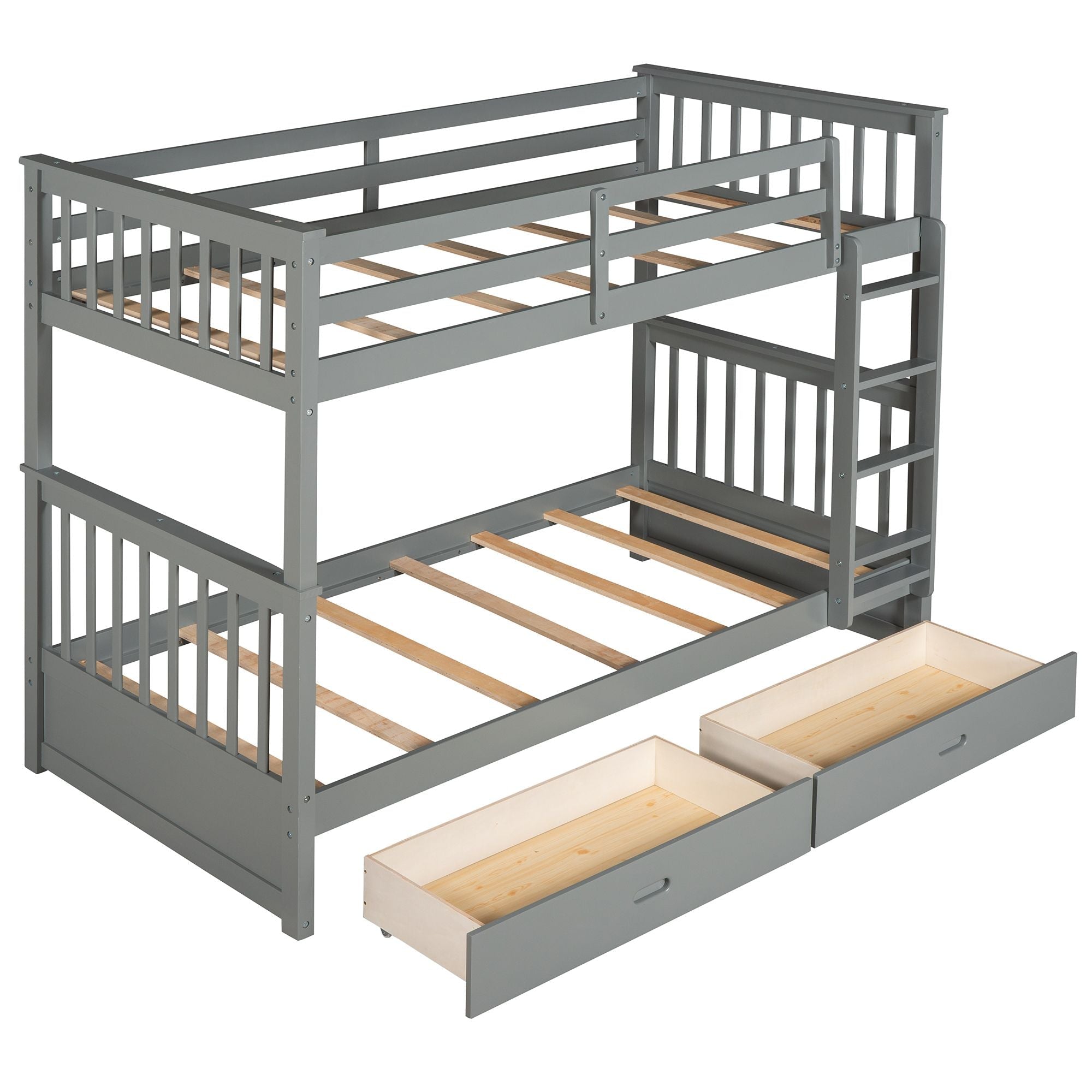 Space-Saving Twin Over Twin Wood Bunk Bed with Storage Drawers and Ladders, Gray | Just Better Bunk Beds