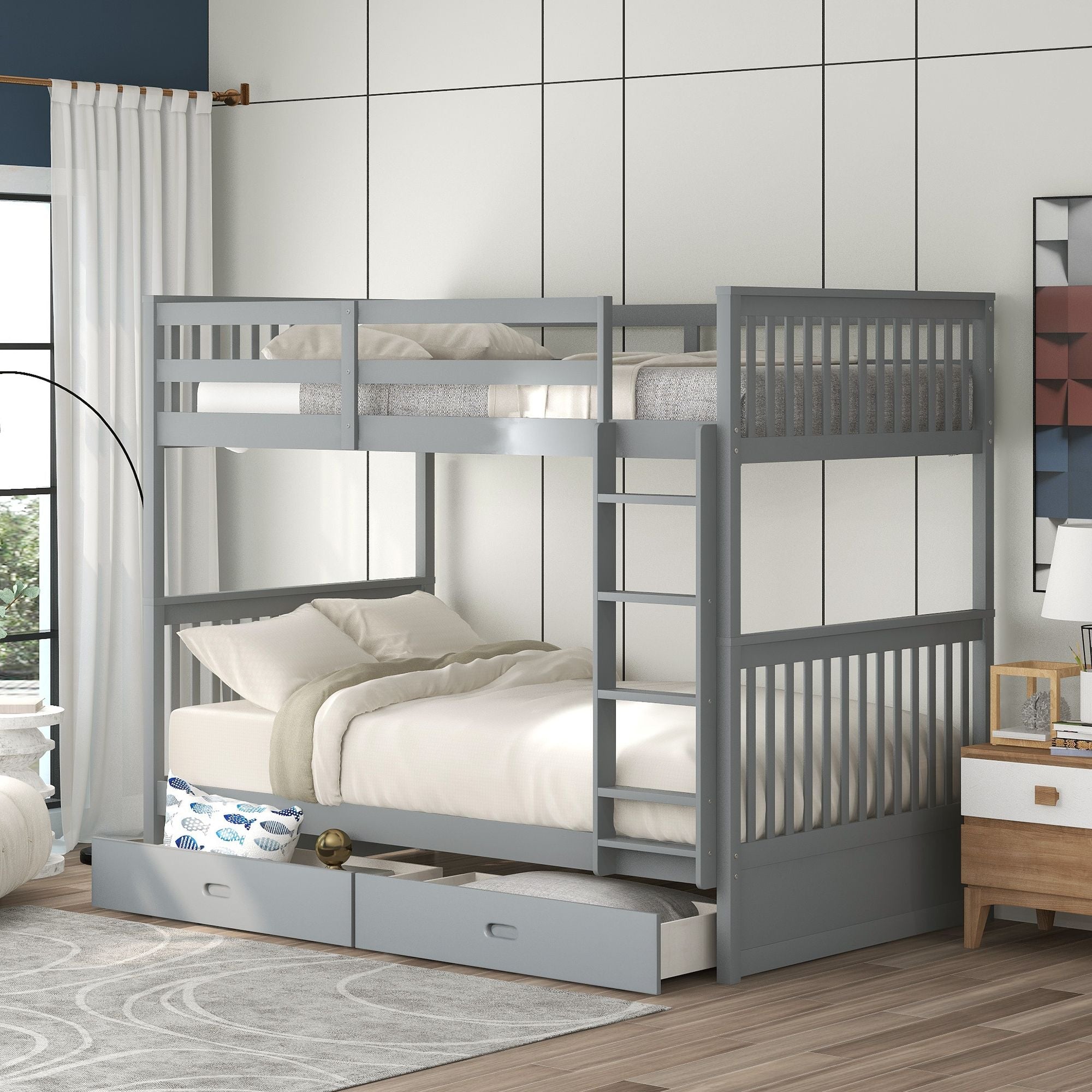Space-Saving Twin Over Twin Wood Bunk Bed with Storage Drawers and Ladders, Gray | Just Better Bunk Beds