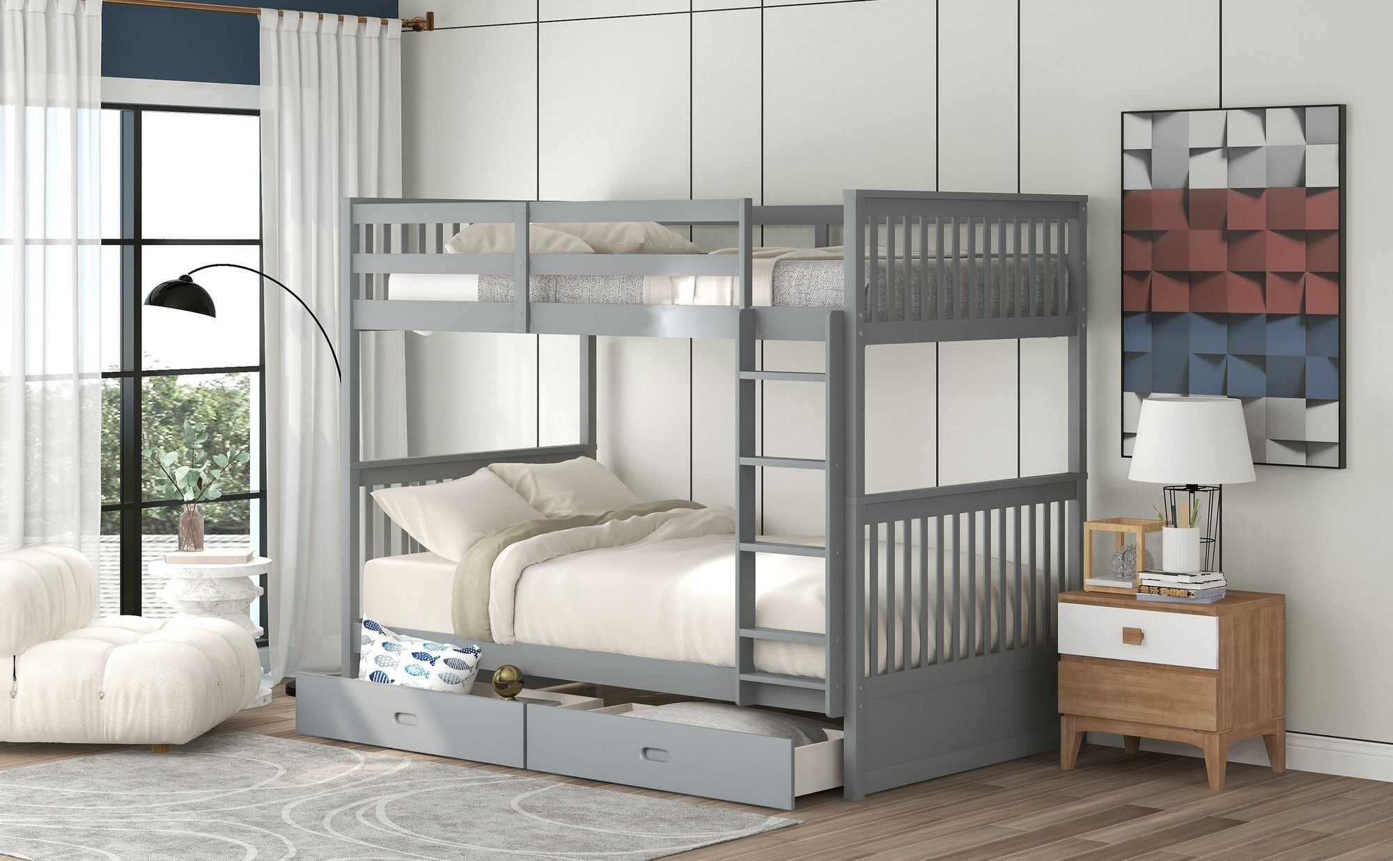 Space-Saving Twin Over Twin Wood Bunk Bed with Storage Drawers and Ladders, Gray | Just Better Bunk Beds