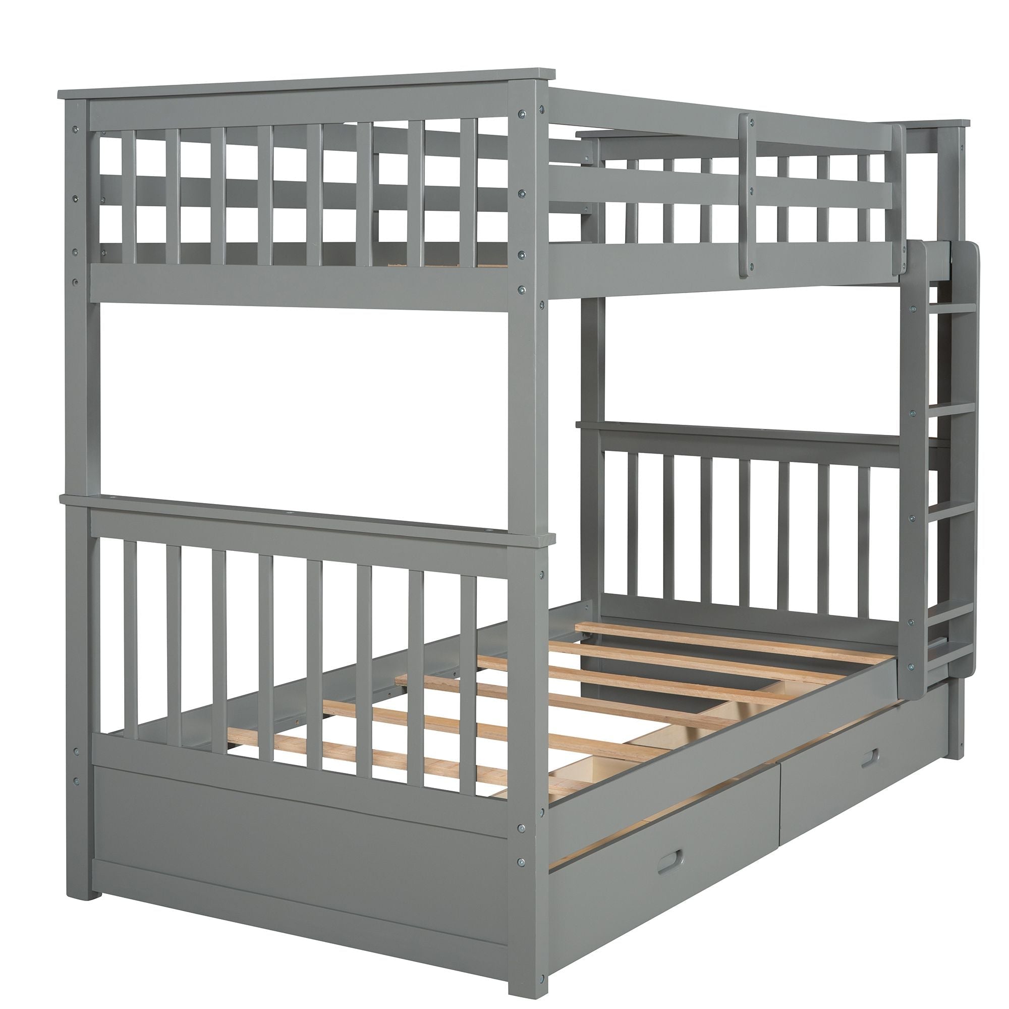 Space-Saving Twin Over Twin Wood Bunk Bed with Storage Drawers and Ladders, Gray | Just Better Bunk Beds