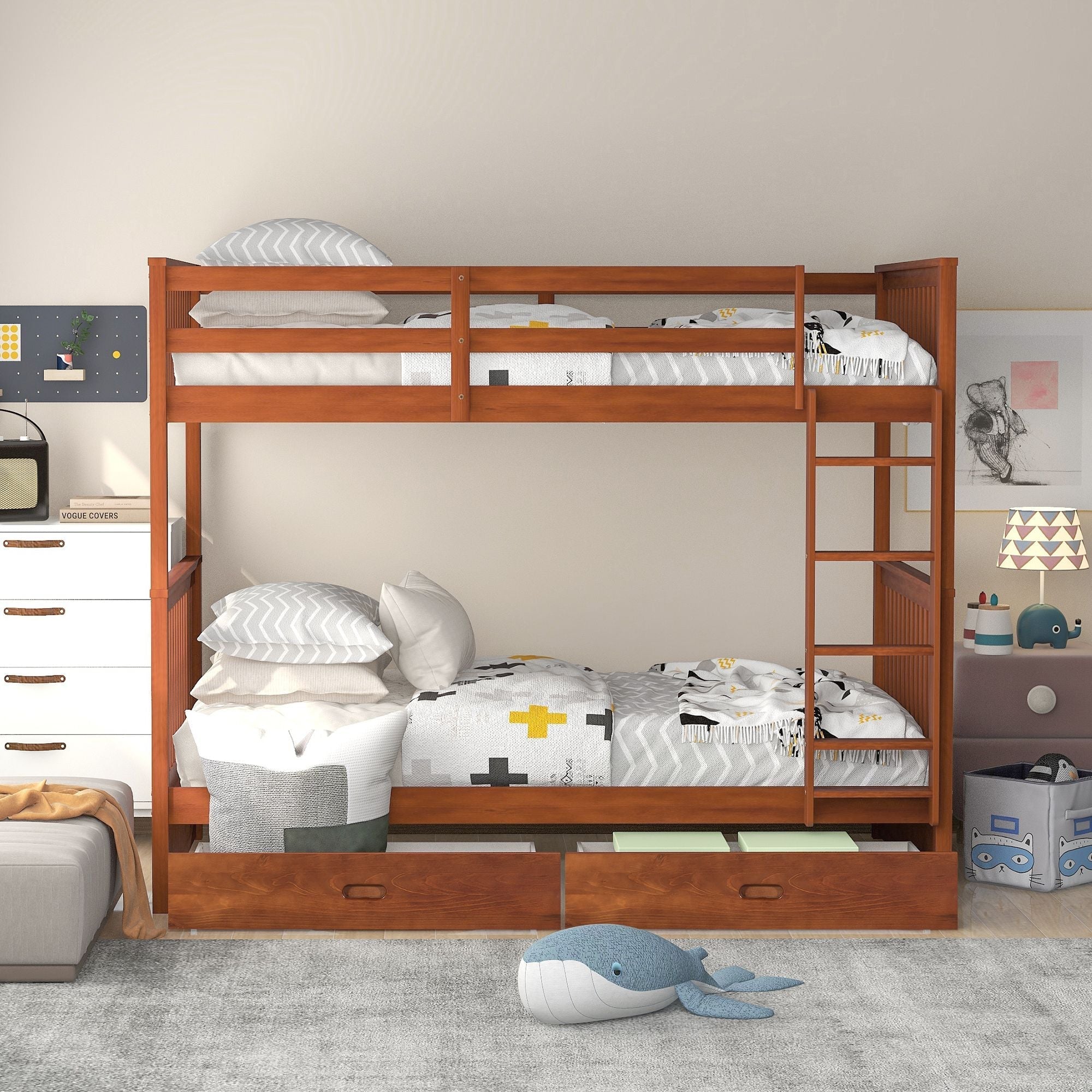 Space-Saving Twin Over Twin Wood Bunk Bed with Storage Drawers and Ladders, Walnut | Just Better Bunk Beds