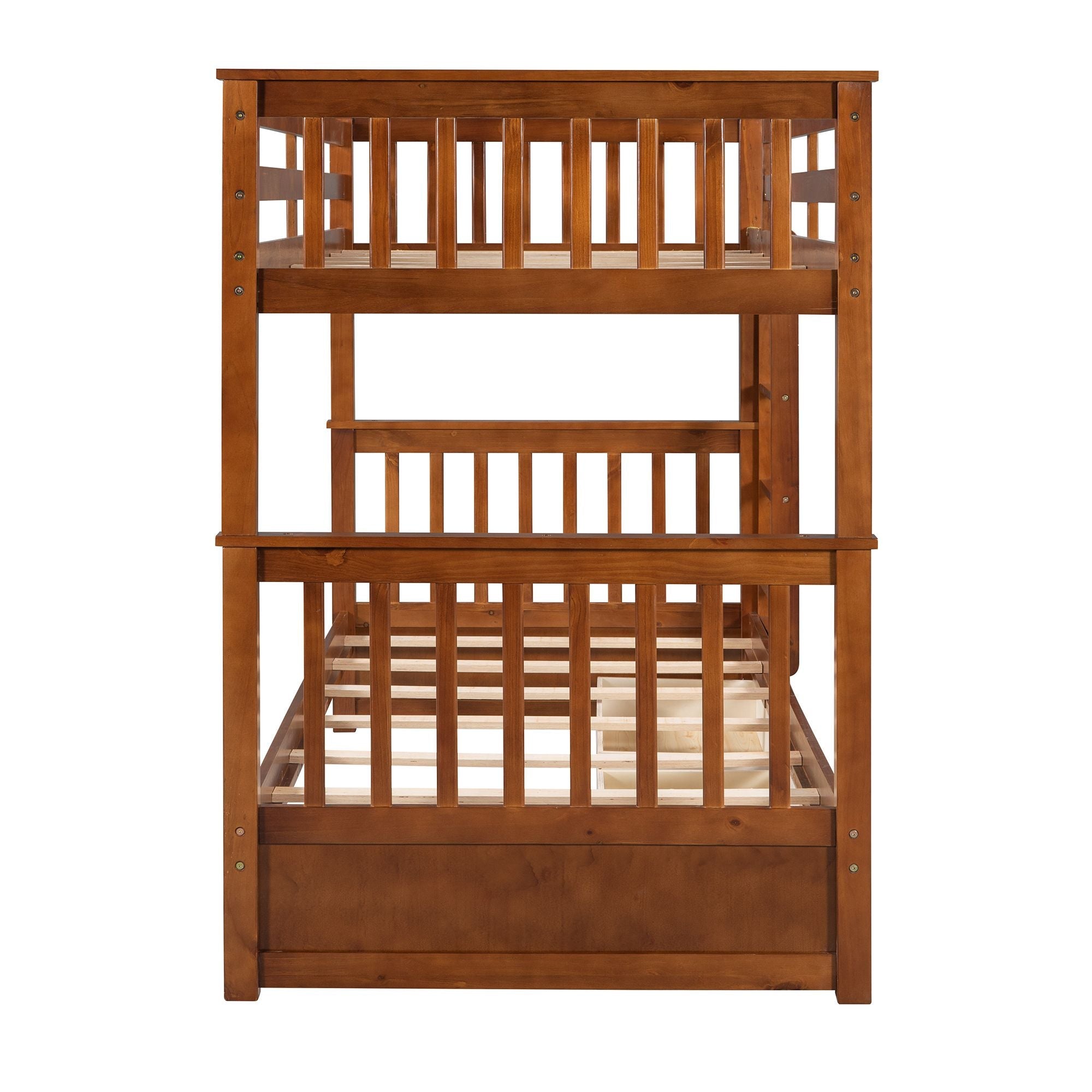 Space-Saving Twin Over Twin Wood Bunk Bed with Storage Drawers and Ladders, Walnut | Just Better Bunk Beds