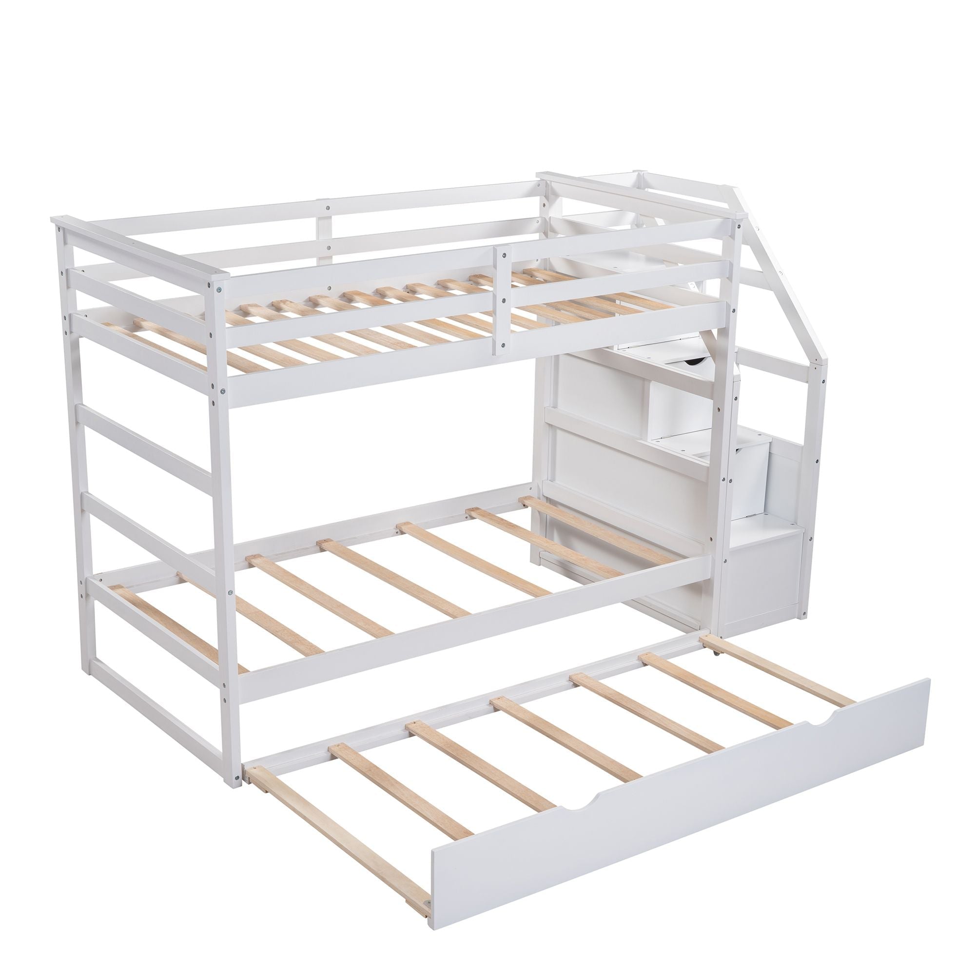 Space-Saving Twin Over Twin Wood Bunk Bed with Trundle and 3 Storage Stairs in White | Just Better Bunk Beds