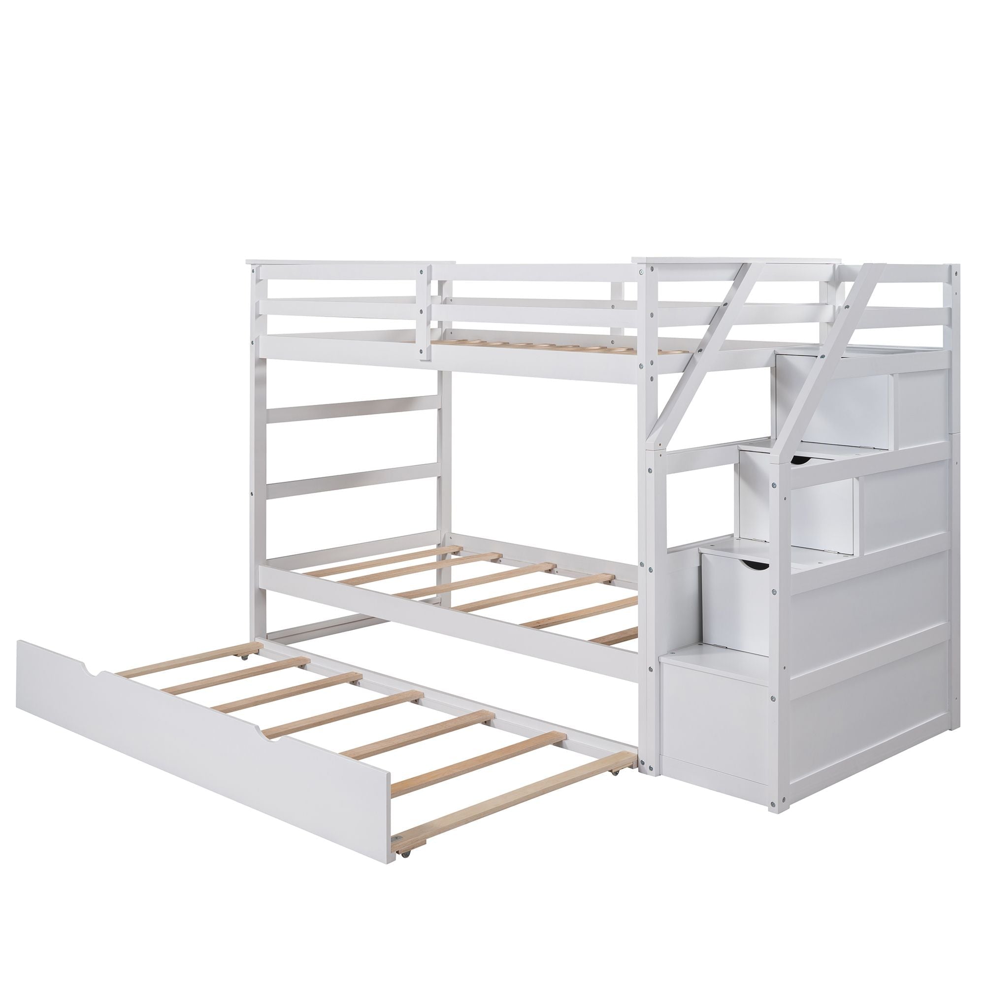 Space-Saving Twin Over Twin Wood Bunk Bed with Trundle and 3 Storage Stairs in White | Just Better Bunk Beds