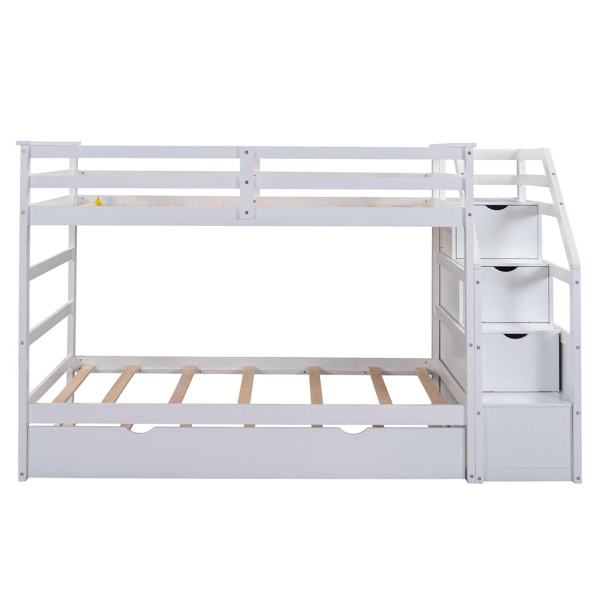 Space-Saving Twin Over Twin Wood Bunk Bed with Trundle and 3 Storage Stairs in White | Just Better Bunk Beds