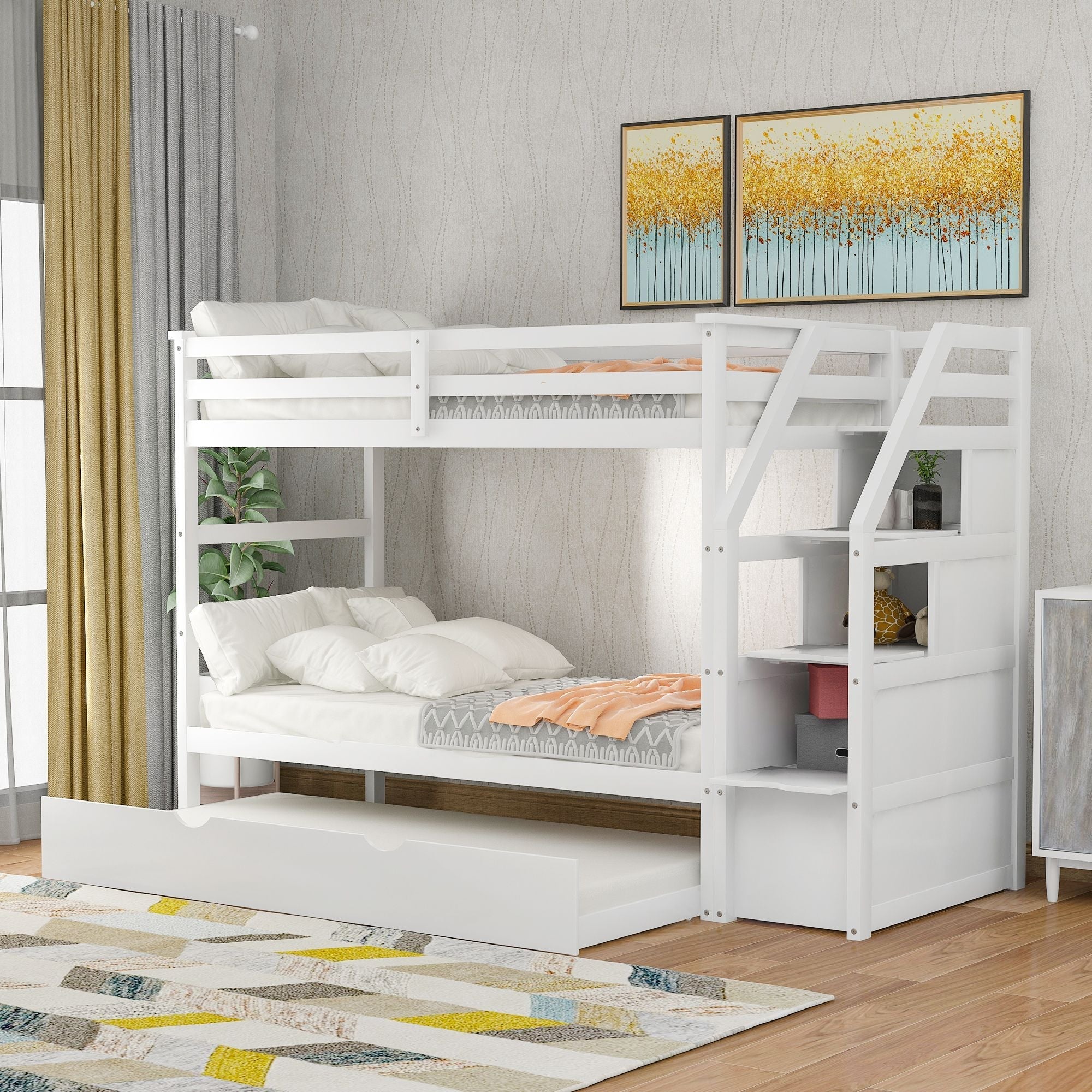 Space-Saving Twin Over Twin Wood Bunk Bed with Trundle and 3 Storage Stairs in White | Just Better Bunk Beds