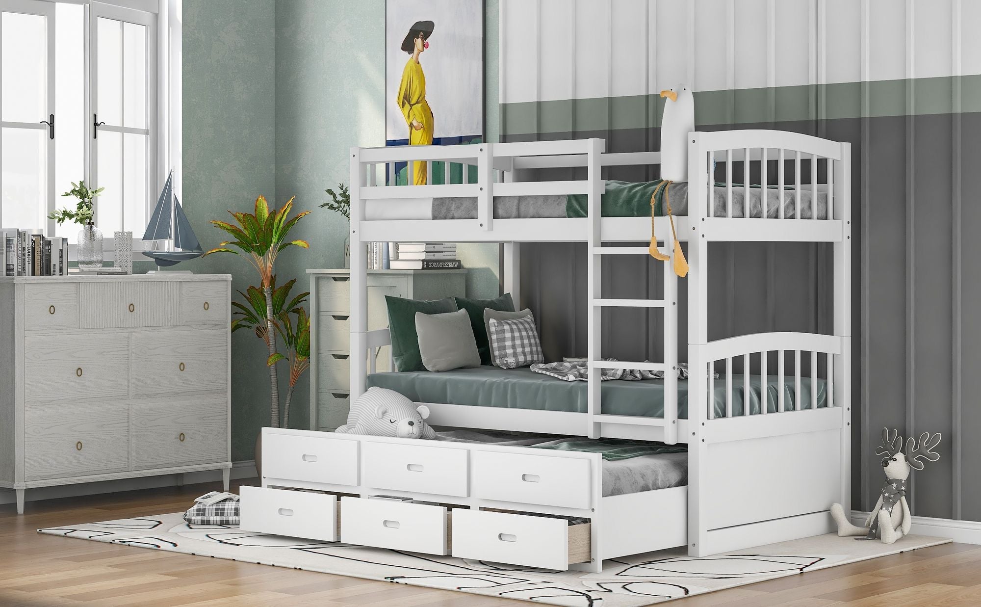 Space-Saving Twin over Twin Wood Bunk Bed with Trundle and Drawers in White for Kids’ Rooms | Just Better Bunk Beds