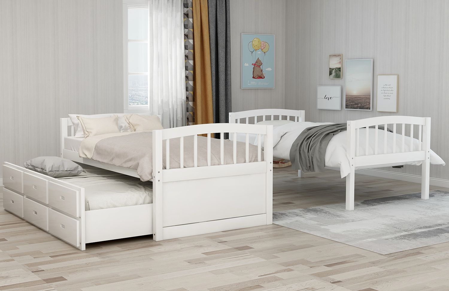 Space-Saving Twin over Twin Wood Bunk Bed with Trundle and Drawers in White for Kids’ Rooms | Just Better Bunk Beds