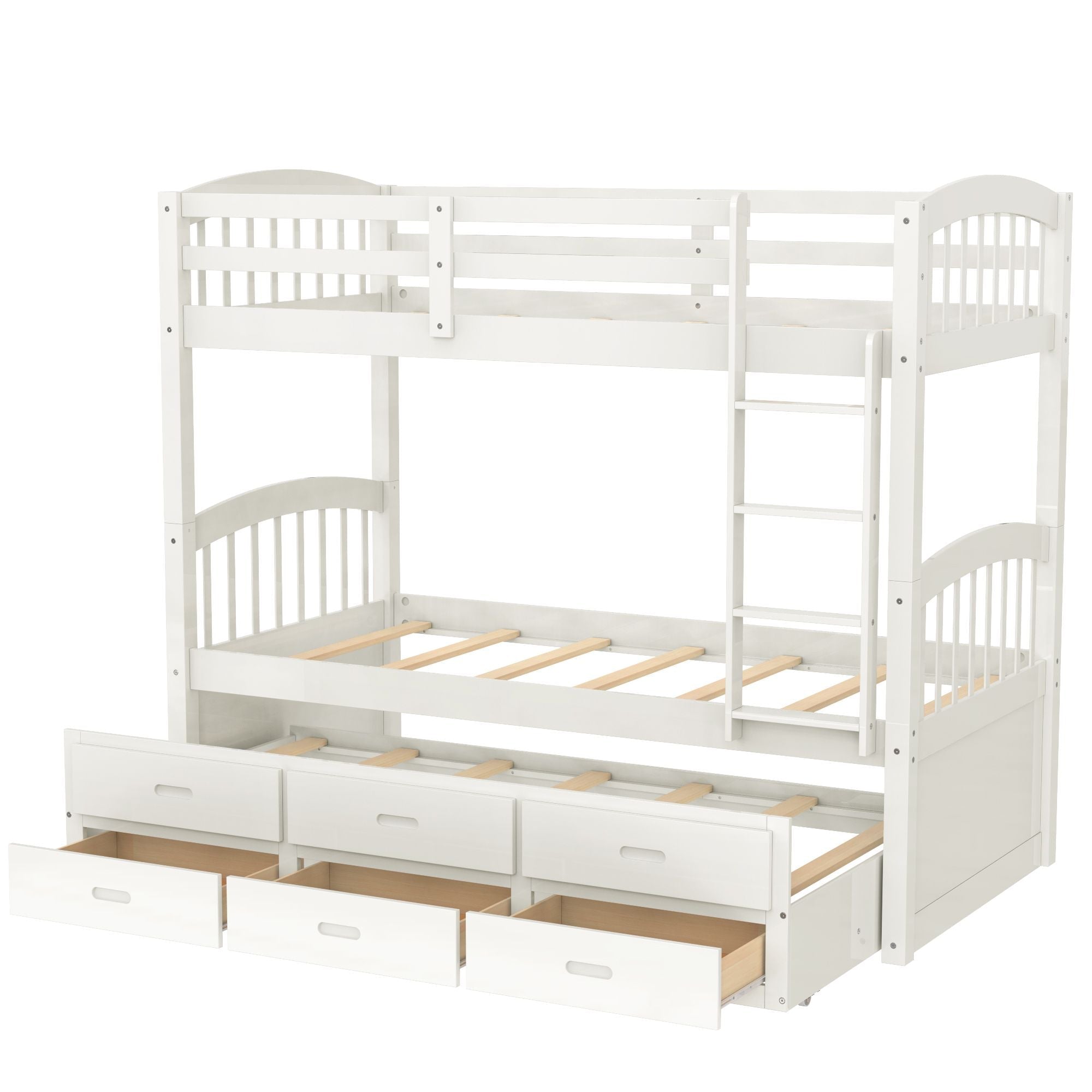 Space-Saving Twin over Twin Wood Bunk Bed with Trundle and Drawers in White for Kids’ Rooms | Just Better Bunk Beds