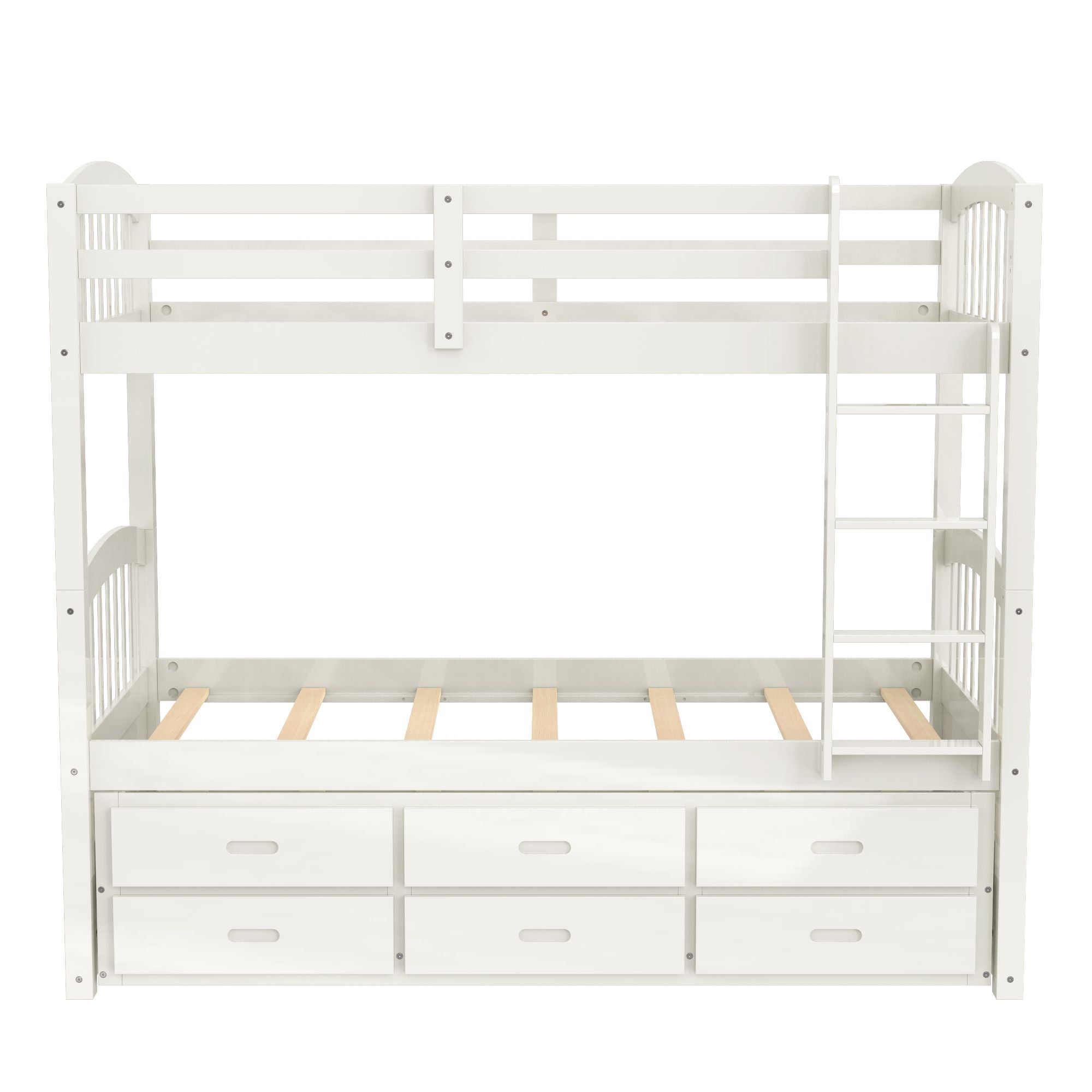 Space-Saving Twin over Twin Wood Bunk Bed with Trundle and Drawers in White for Kids’ Rooms | Just Better Bunk Beds