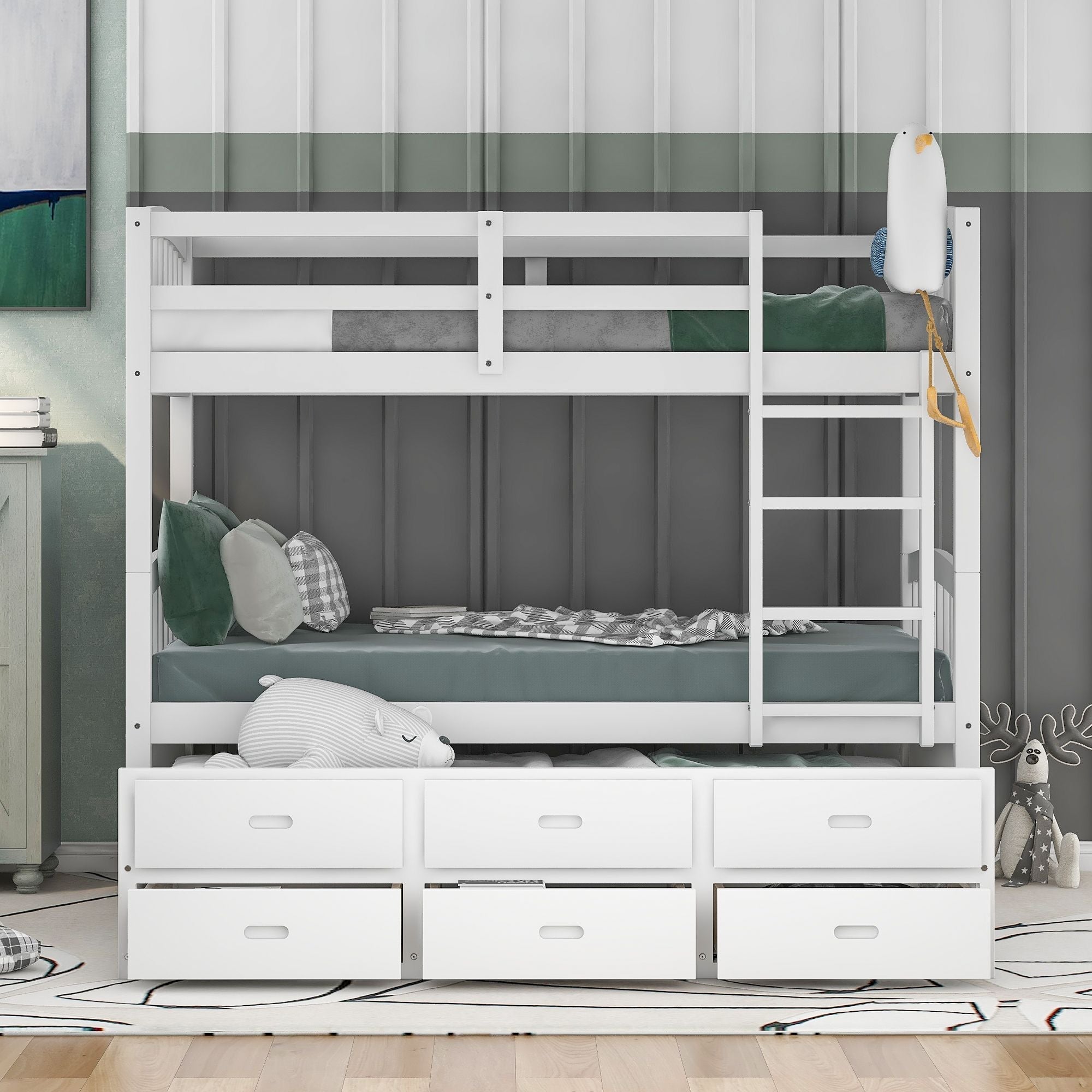 Space-Saving Twin over Twin Wood Bunk Bed with Trundle and Drawers in White for Kids’ Rooms | Just Better Bunk Beds