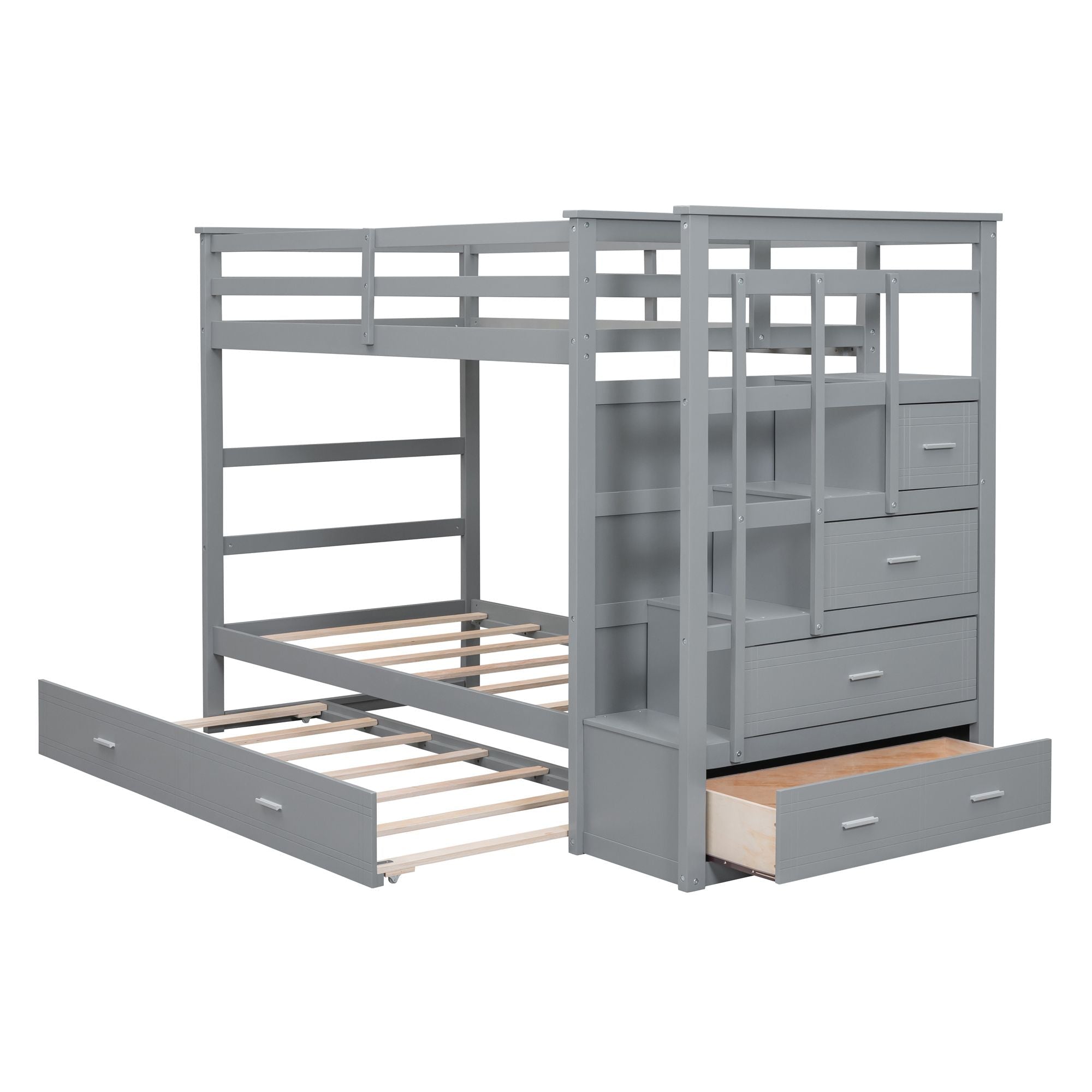 Space-Saving Twin Over Twin Wood Bunk Bed with Trundle and Staircase Storage, Gray | Just Better Bunk Beds
