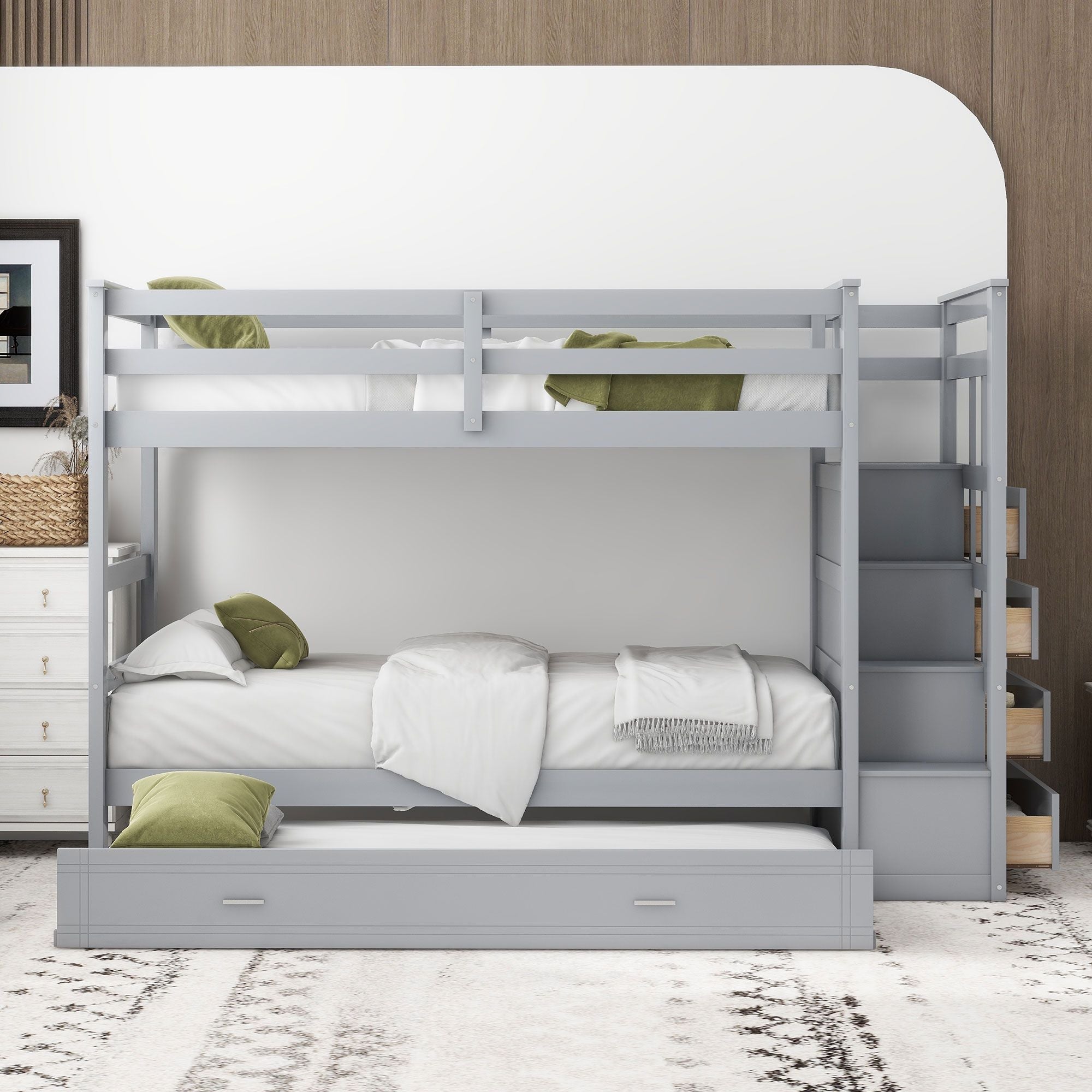 Space-Saving Twin Over Twin Wood Bunk Bed with Trundle and Staircase Storage, Gray | Just Better Bunk Beds