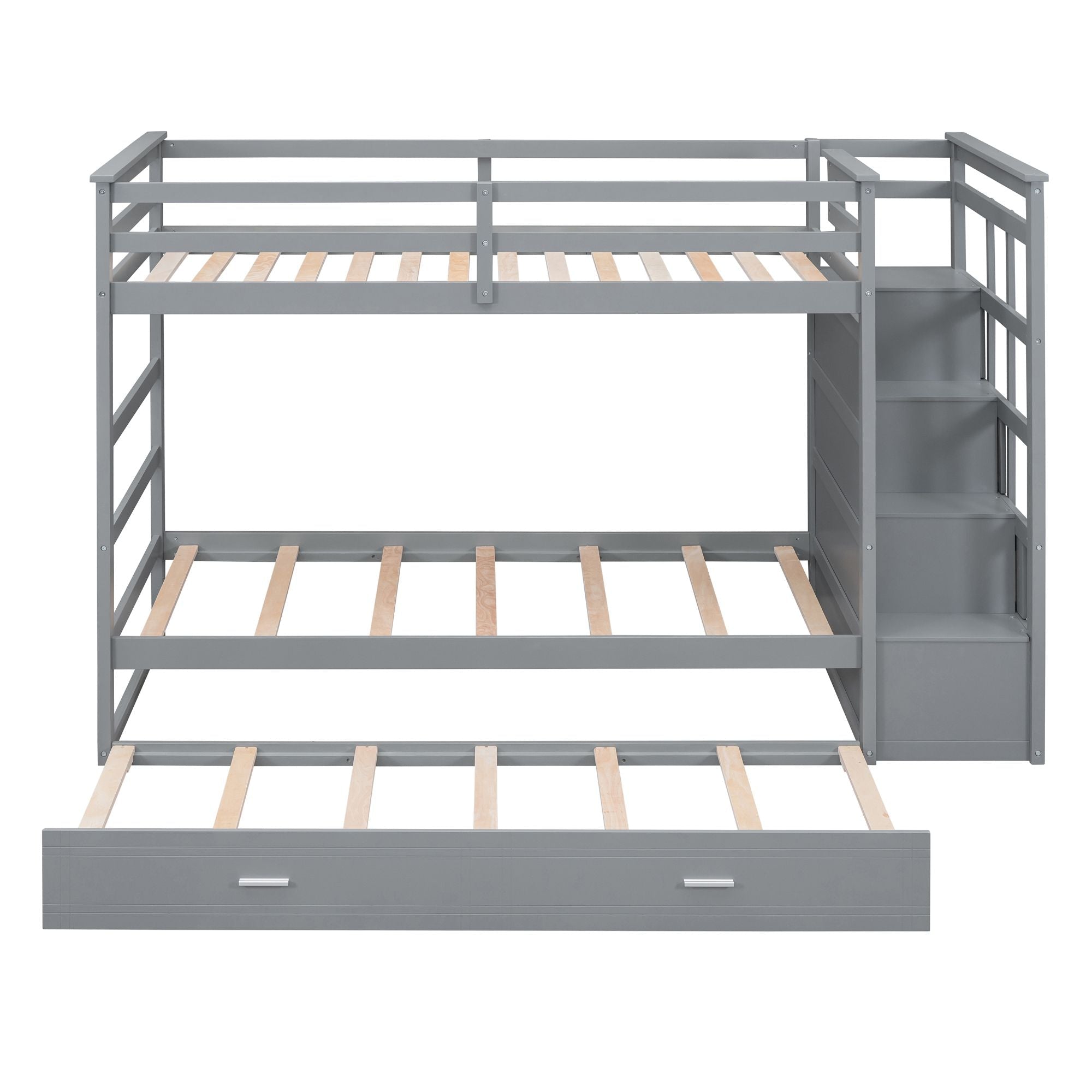 Space-Saving Twin Over Twin Wood Bunk Bed with Trundle and Staircase Storage, Gray | Just Better Bunk Beds