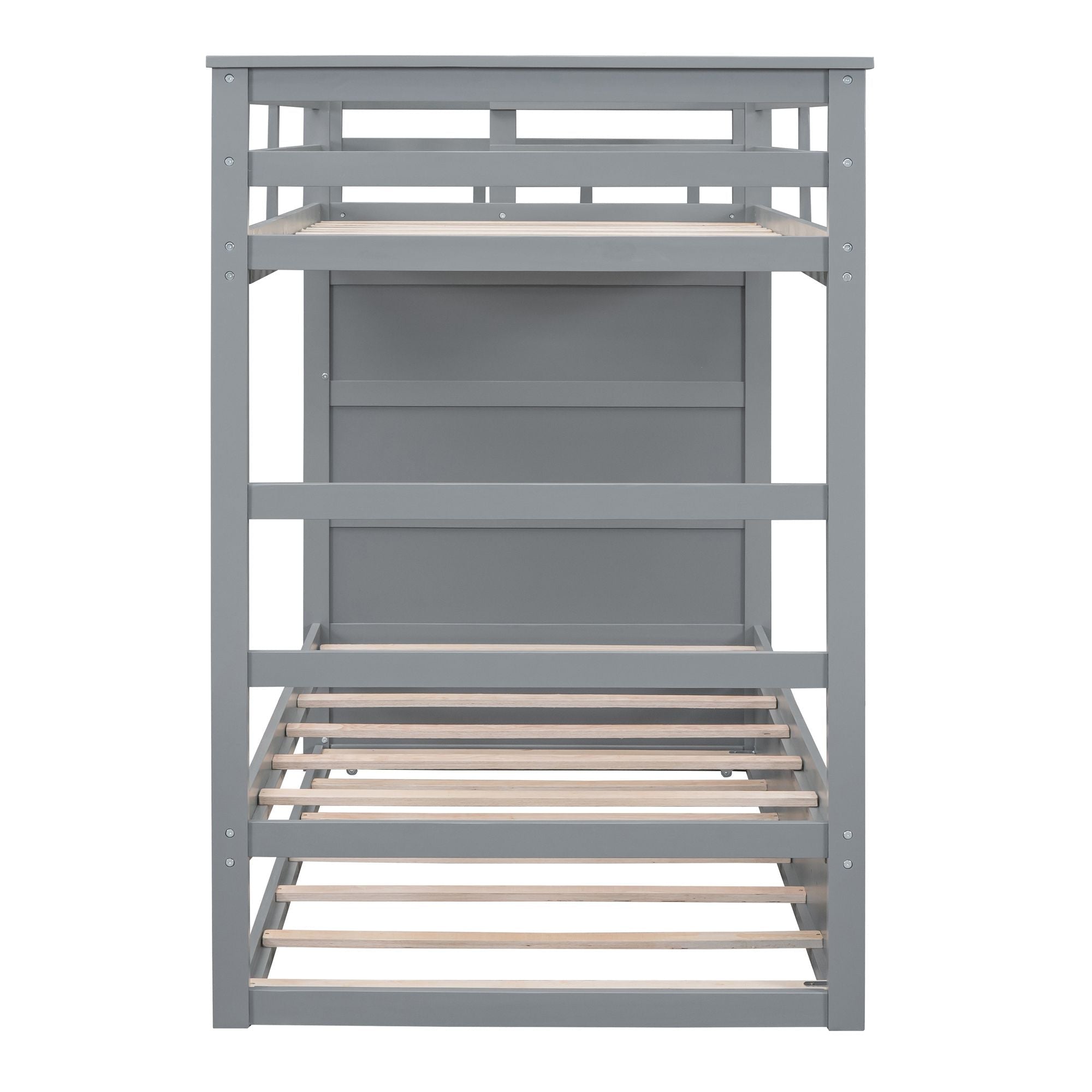 Space-Saving Twin Over Twin Wood Bunk Bed with Trundle and Staircase Storage, Gray | Just Better Bunk Beds