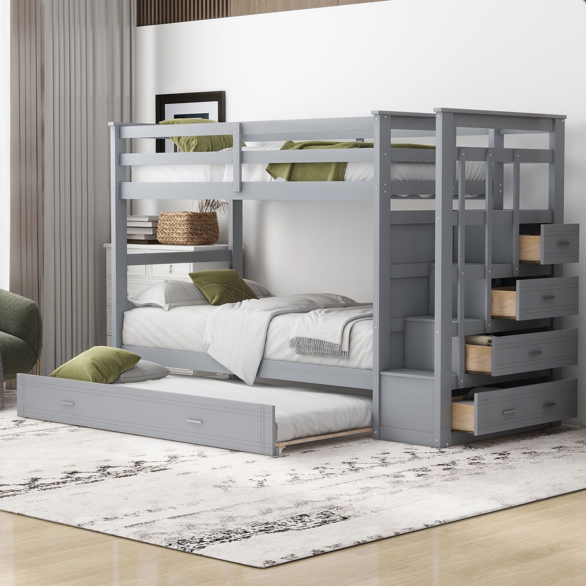 Space-Saving Twin Over Twin Wood Bunk Bed with Trundle and Staircase Storage, Gray | Just Better Bunk Beds