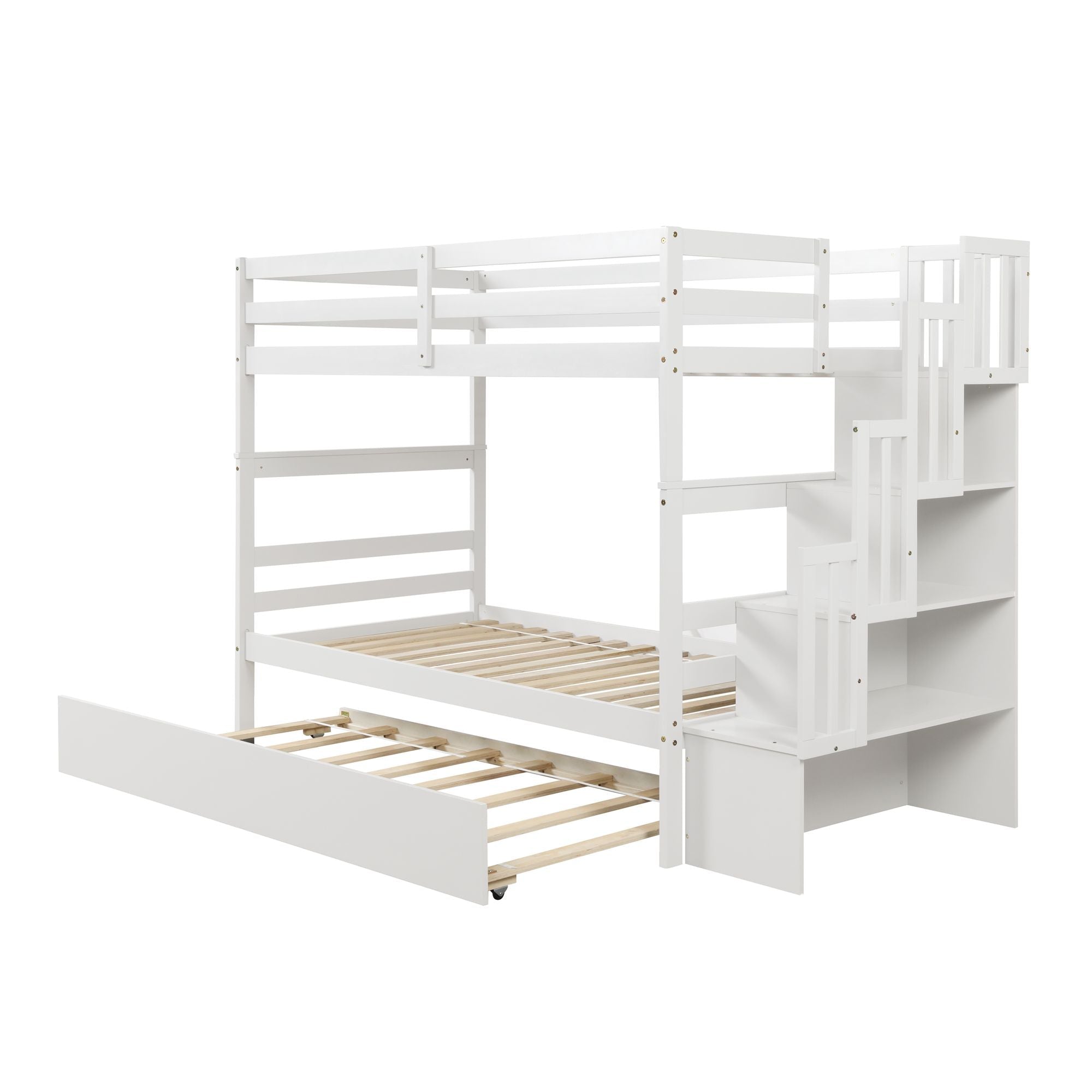 Space-Saving Twin Over Twin Wood Bunk Bed with Trundle and Stairway Storage Drawers in White | Just Better Bunk Beds