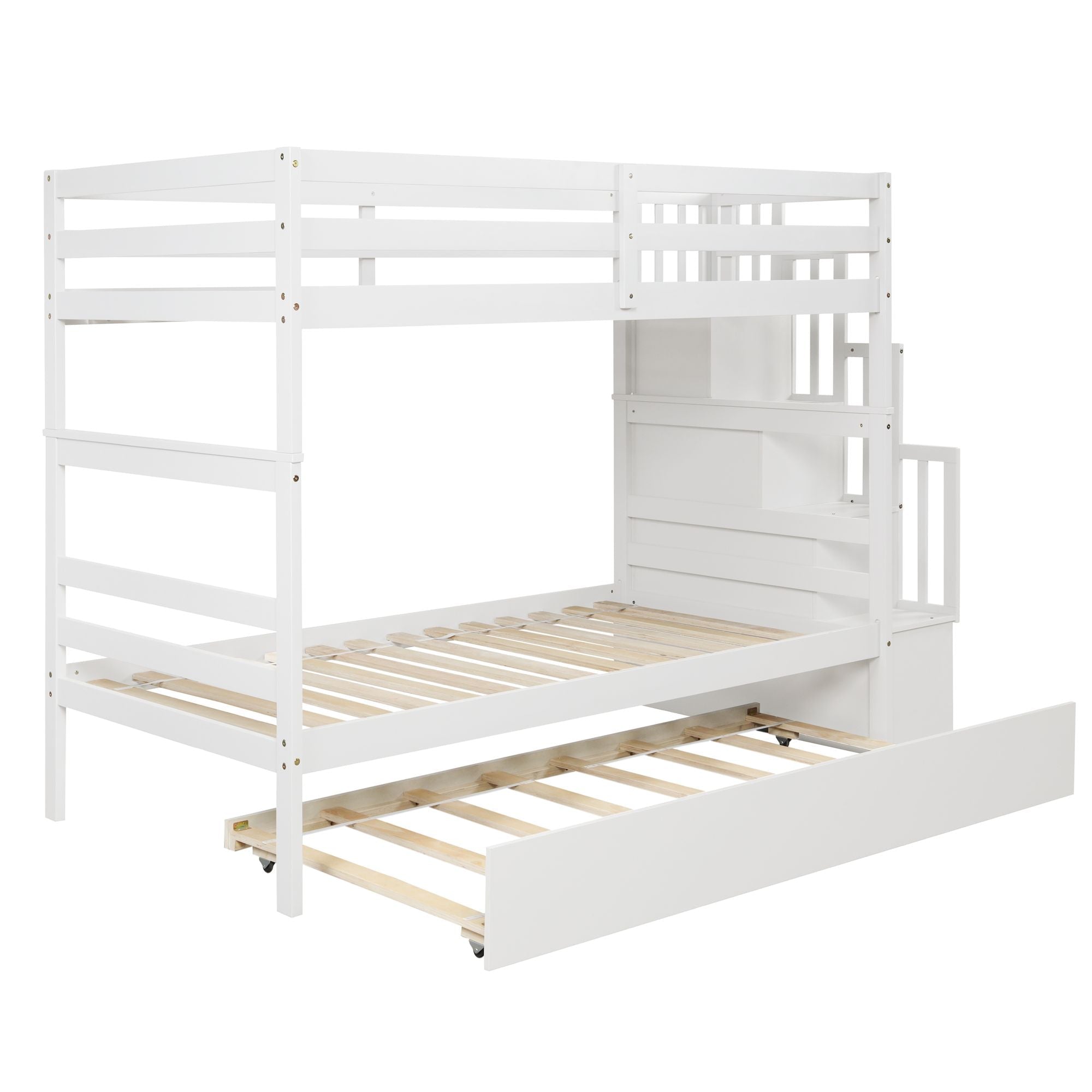 Space-Saving Twin Over Twin Wood Bunk Bed with Trundle and Stairway Storage Drawers in White | Just Better Bunk Beds