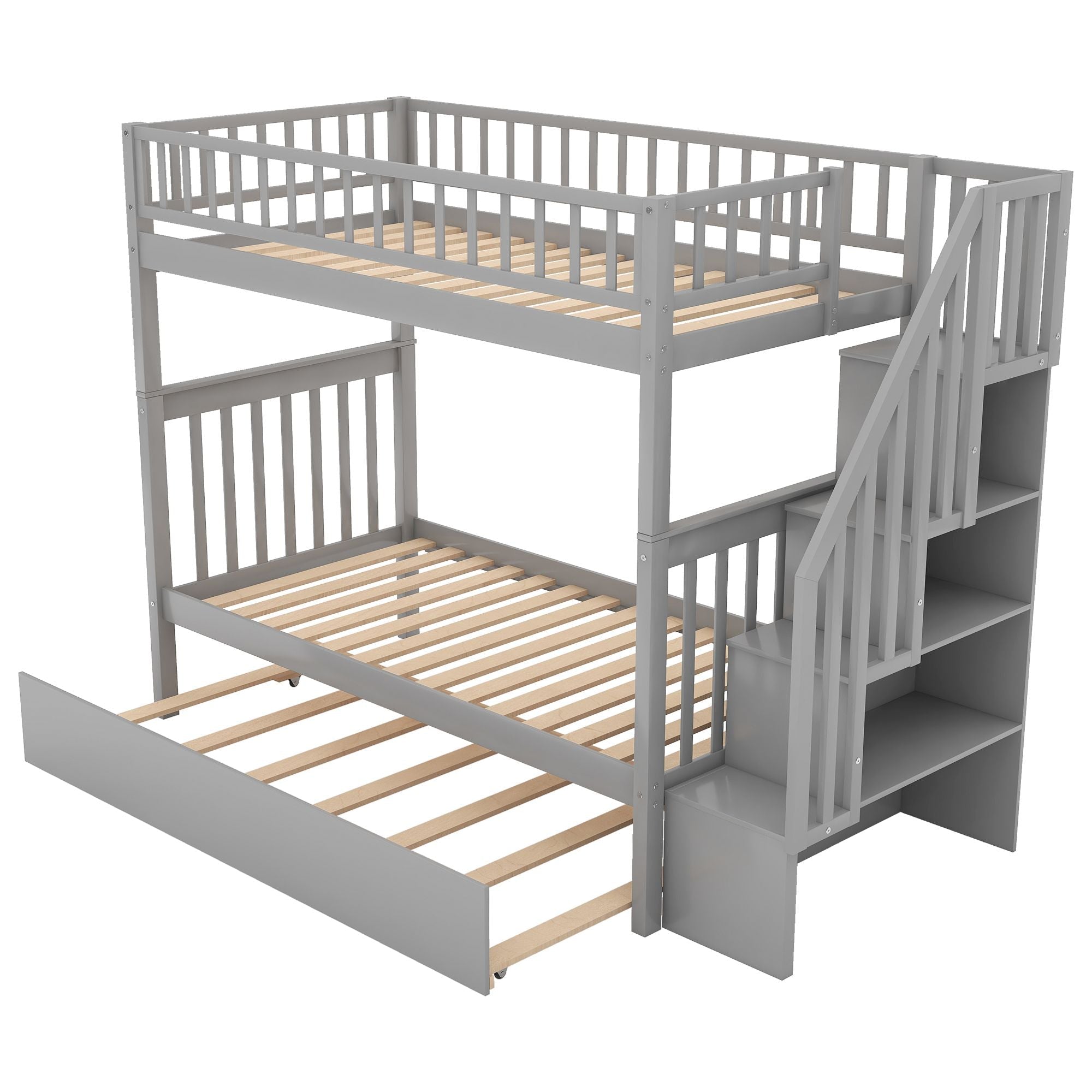 Space-Saving Twin Over Twin Wood Bunk Bed with Trundle and Storage Drawers, Gray | Just Better Bunk Beds