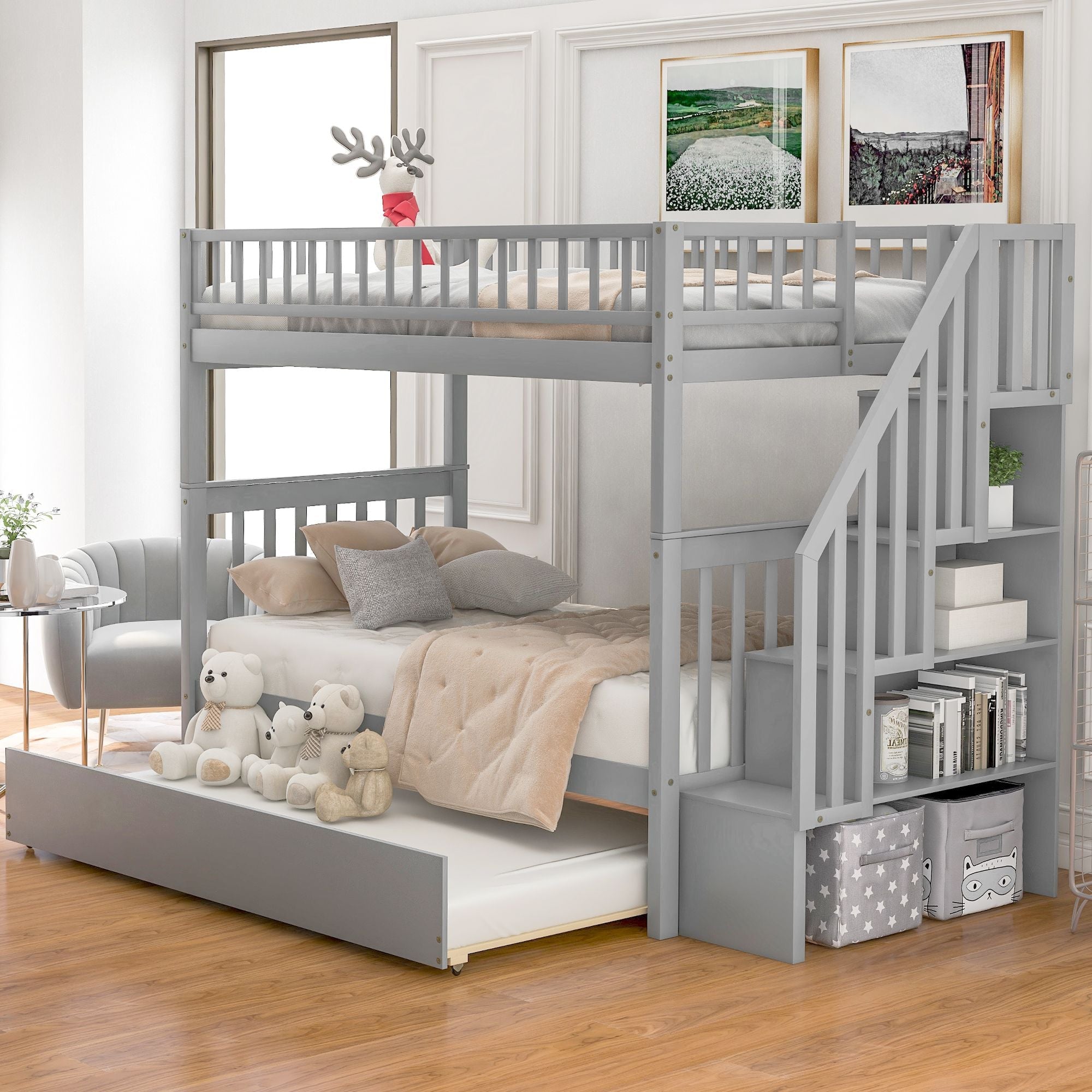 Space-Saving Twin Over Twin Wood Bunk Bed with Trundle and Storage Drawers, Gray | Just Better Bunk Beds