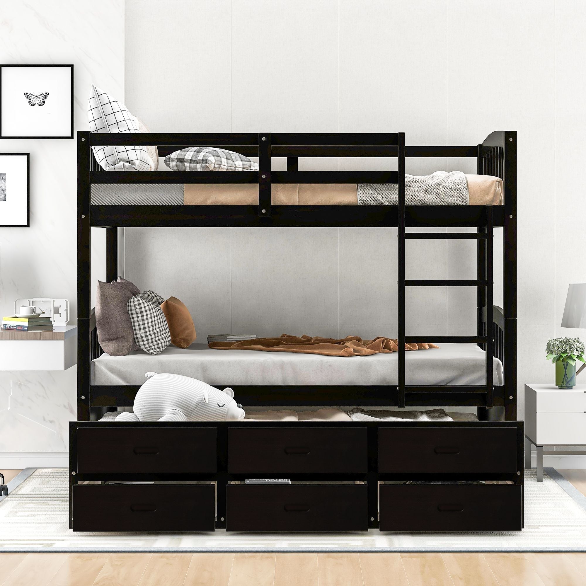 Space-Saving Twin Over Twin Wood Bunk Bed with Trundle and Storage Drawers in White or Espresso | Just Better Bunk Beds