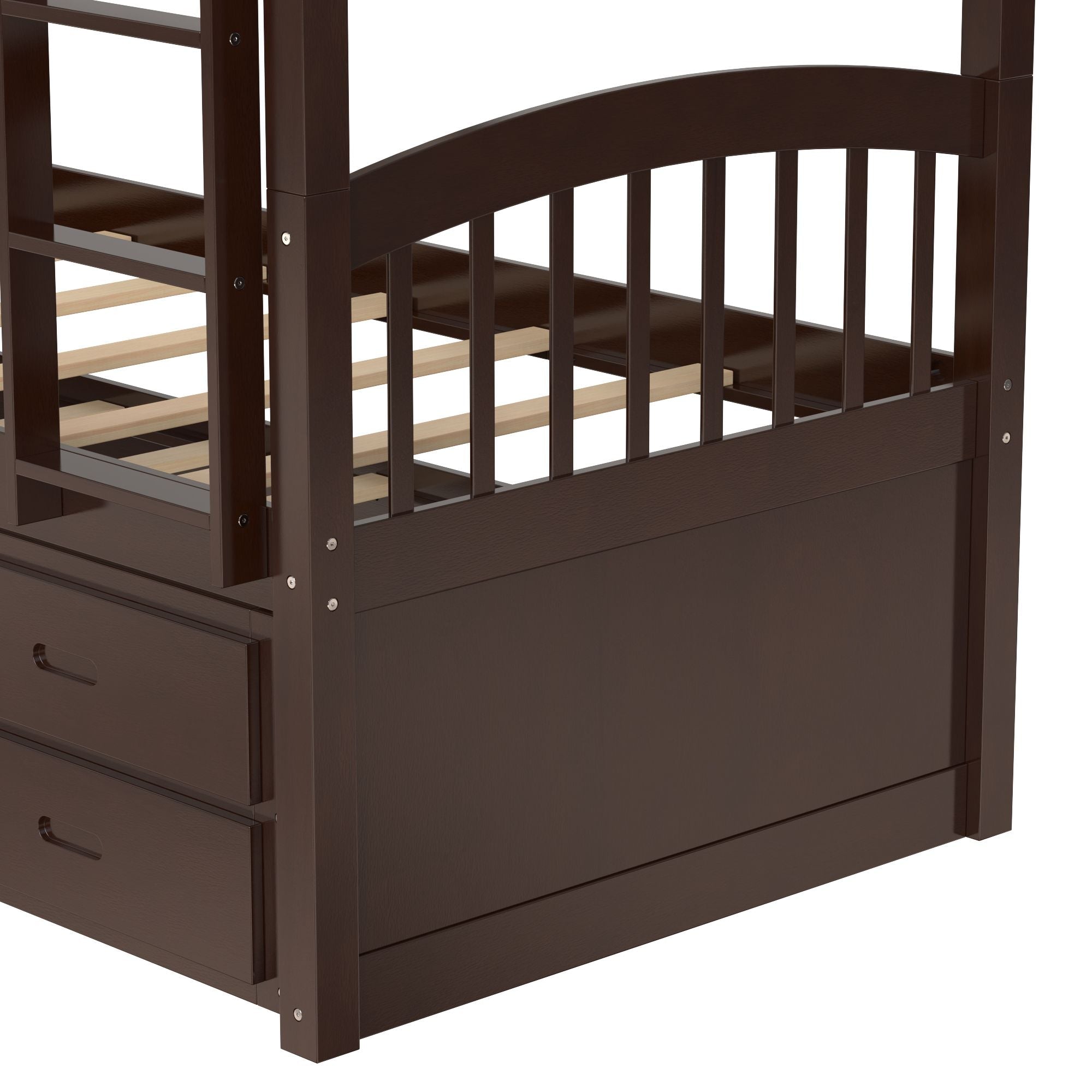 Space-Saving Twin Over Twin Wood Bunk Bed with Trundle and Storage Drawers in White or Espresso | Just Better Bunk Beds
