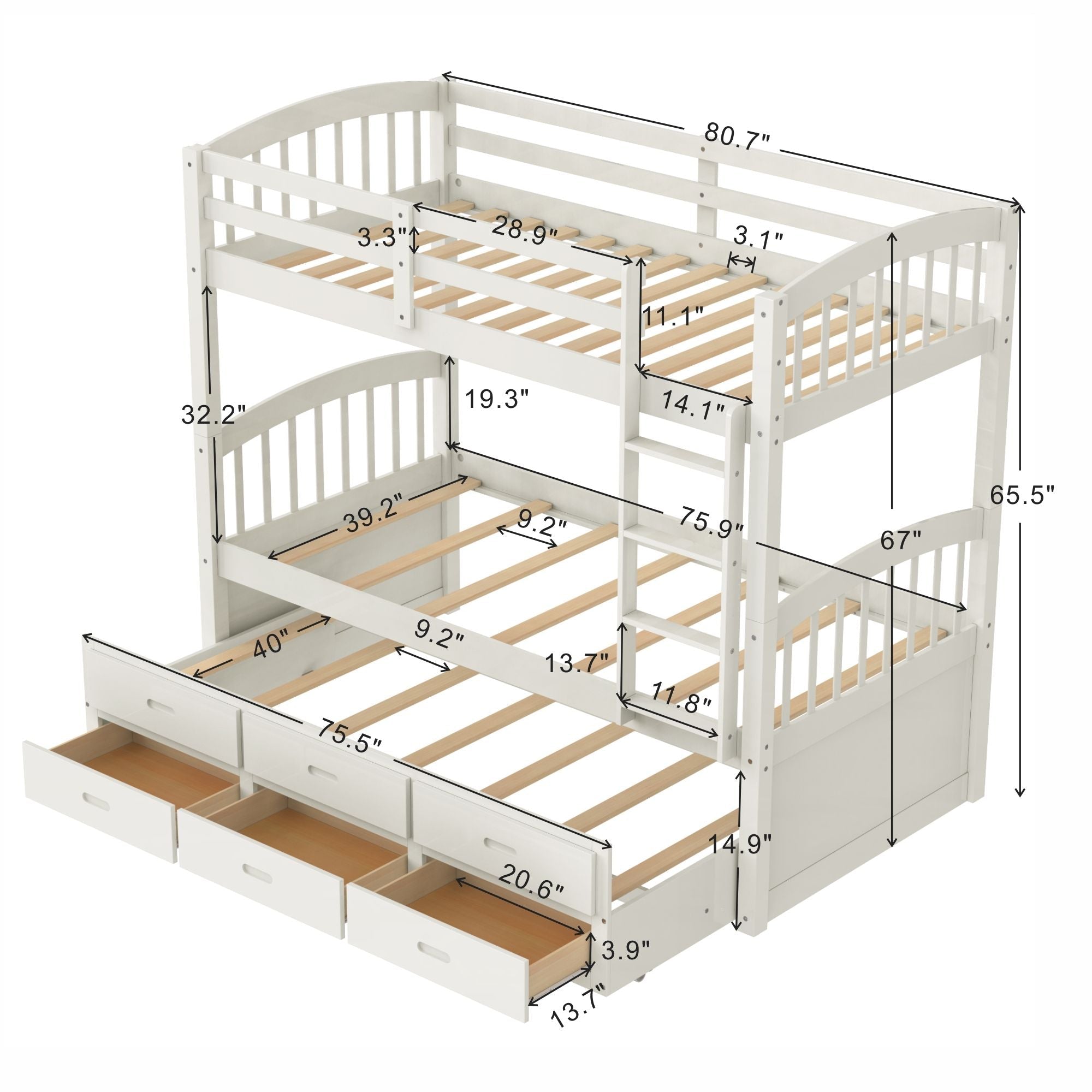 Space-Saving Twin Over Twin Wood Bunk Bed with Trundle and Storage Drawers in White or Espresso | Just Better Bunk Beds