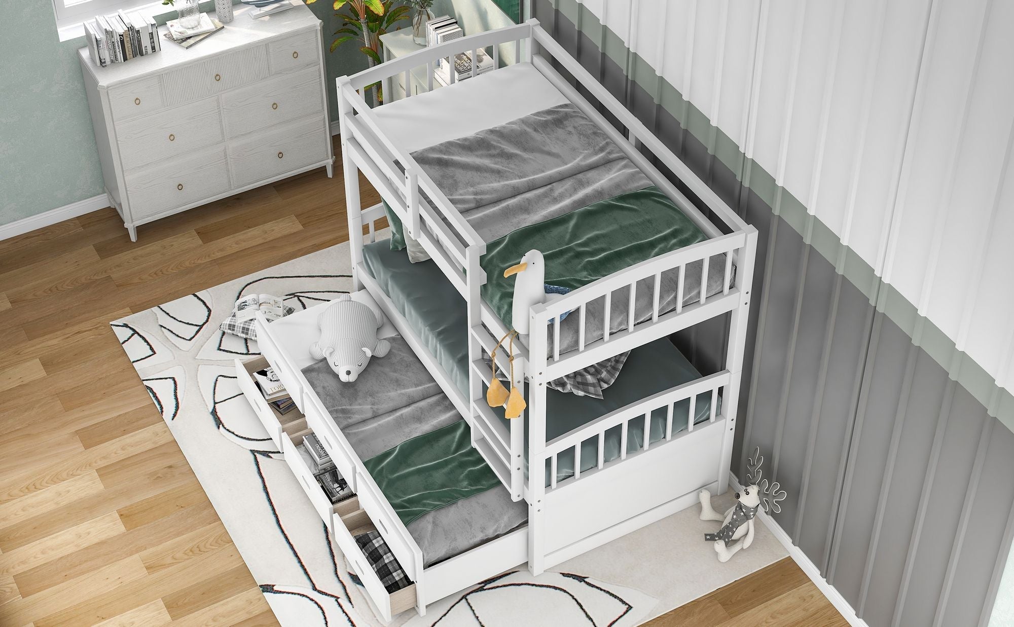 Space-Saving Twin Over Twin Wood Bunk Bed with Trundle and Storage Drawers in White or Espresso | Just Better Bunk Beds