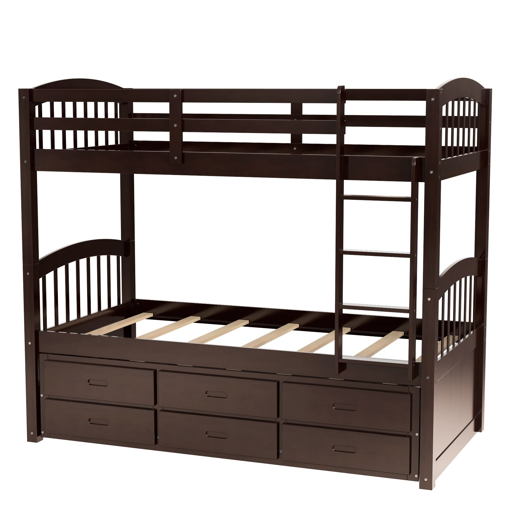 Space-Saving Twin Over Twin Wood Bunk Bed with Trundle and Storage Drawers in White or Espresso | Just Better Bunk Beds