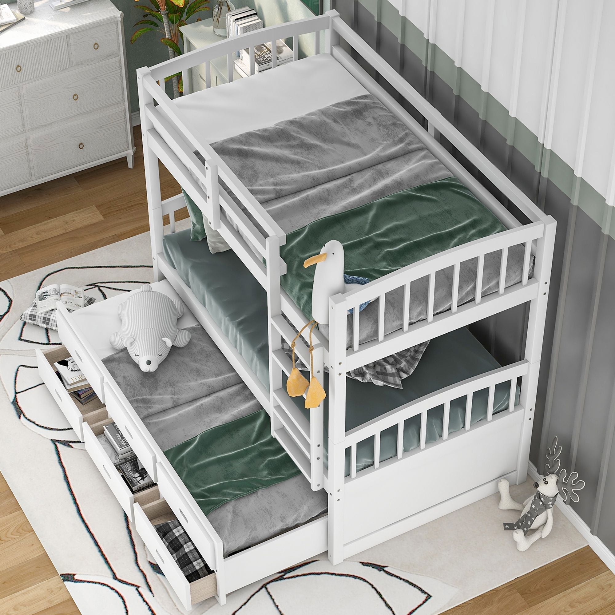 Space-Saving Twin Over Twin Wood Bunk Bed with Trundle and Storage Drawers in White or Espresso | Just Better Bunk Beds
