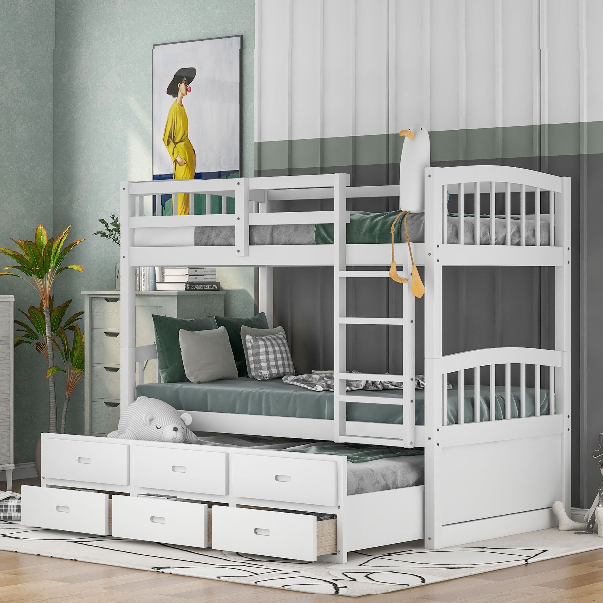 Space-Saving Twin Over Twin Wood Bunk Bed with Trundle and Storage Drawers in White or Espresso | Just Better Bunk Beds