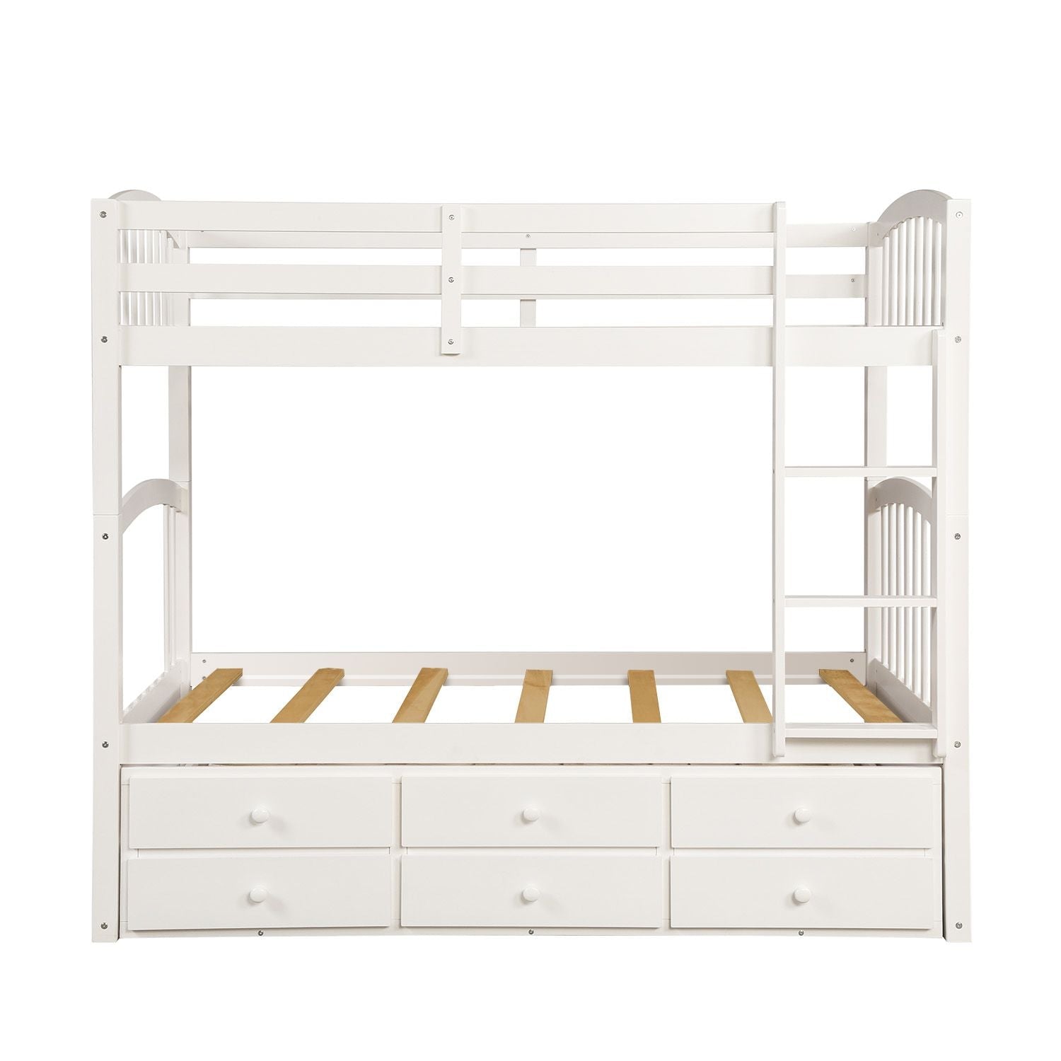 Space-Saving Twin Over Twin Wood Bunk Bed with Trundle and Storage Drawers, White | Just Better Bunk Beds