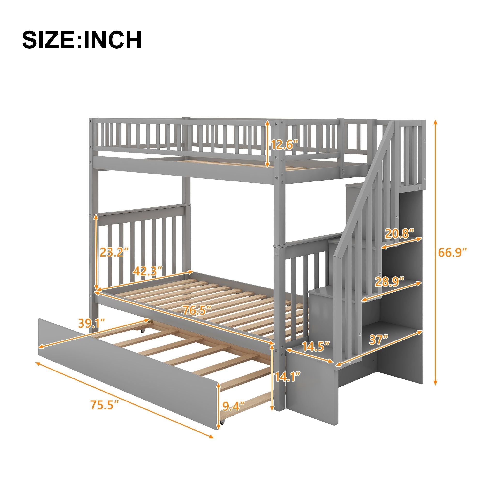Space-Saving Twin Over Twin Wood Bunk Bed with Trundle and Storage in White or Gray | Just Better Bunk Beds