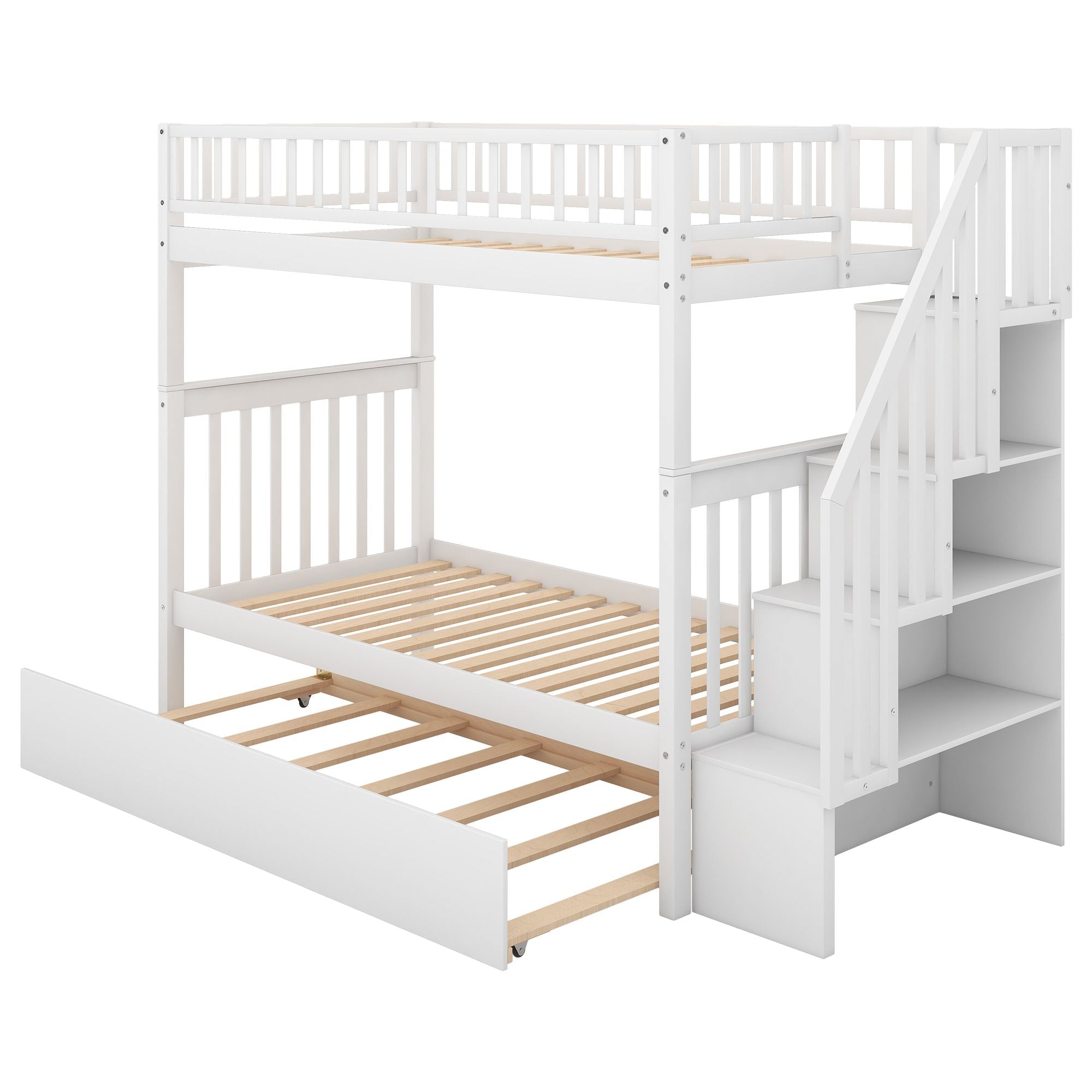 Space-Saving Twin Over Twin Wood Bunk Bed with Trundle and Storage in White or Gray | Just Better Bunk Beds