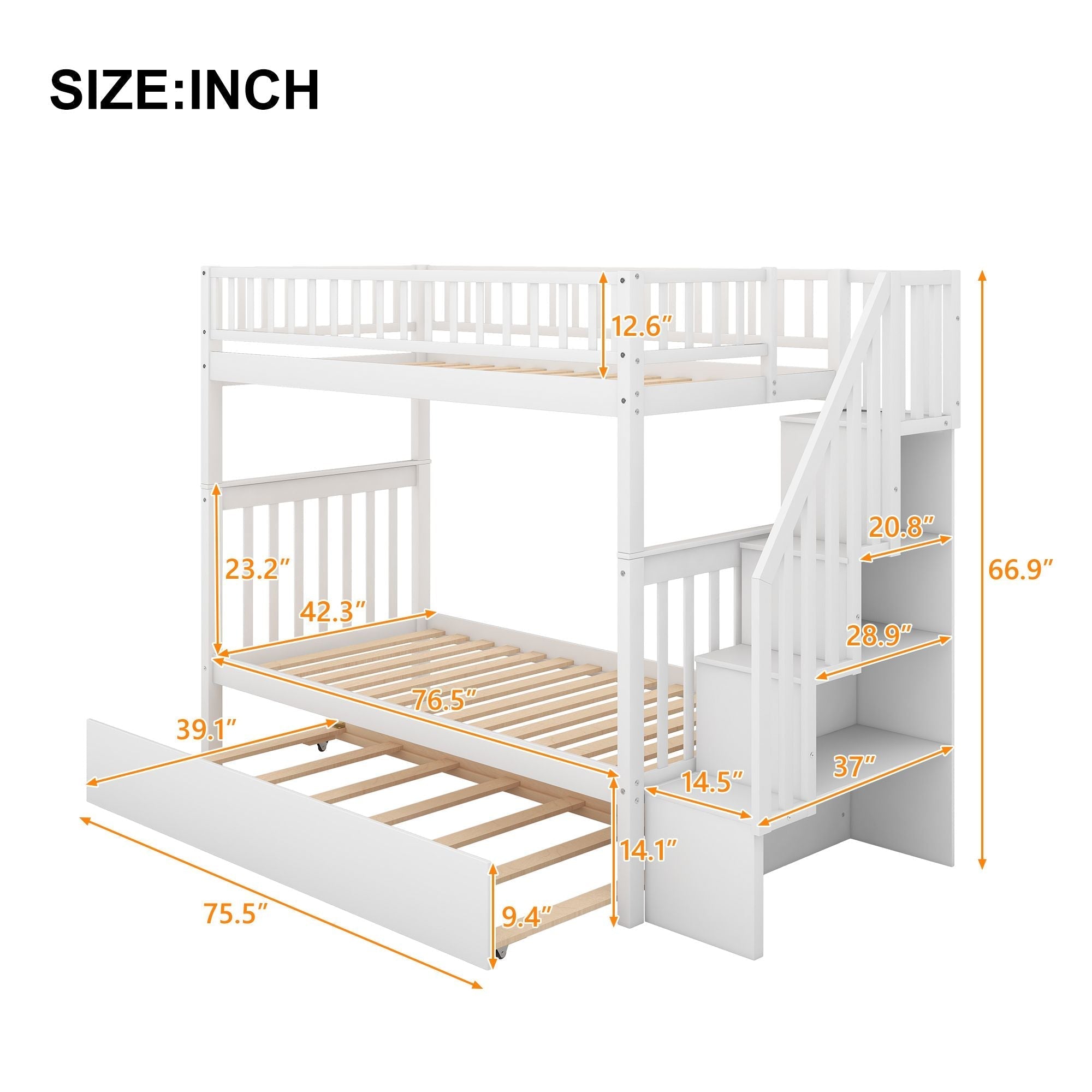 Space-Saving Twin Over Twin Wood Bunk Bed with Trundle and Storage in White or Gray | Just Better Bunk Beds