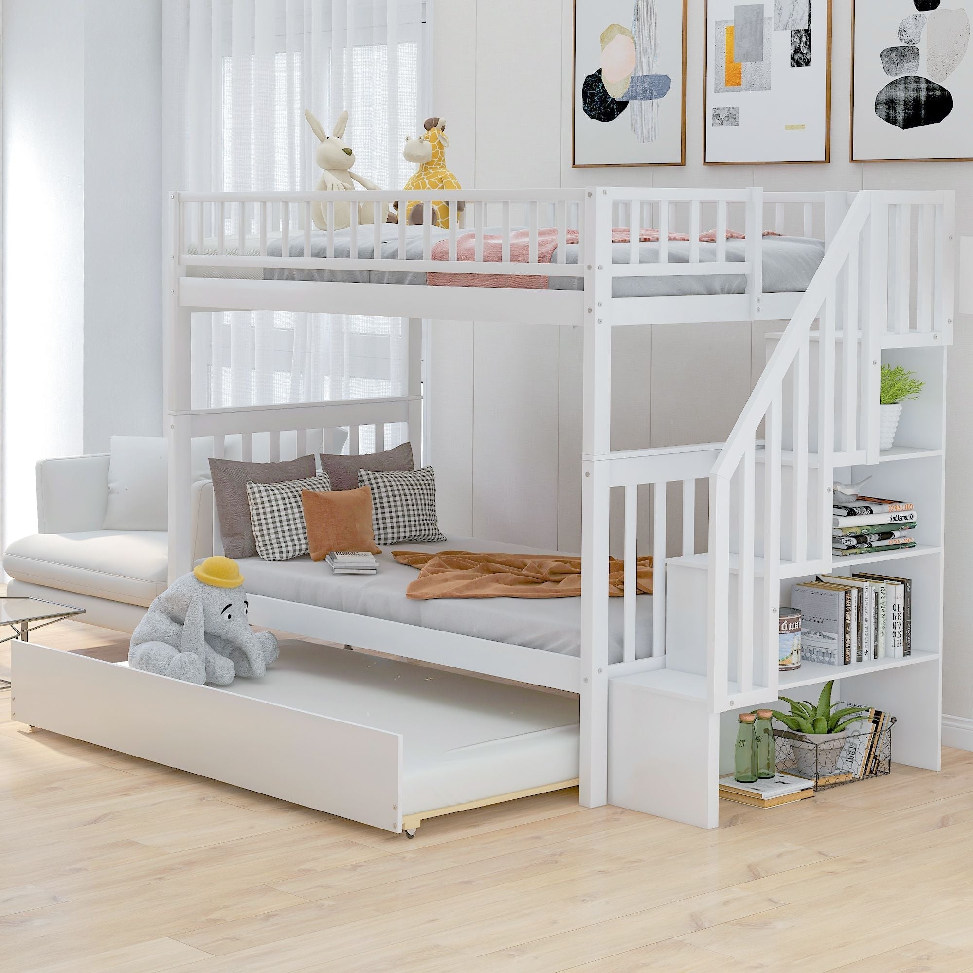 Space-Saving Twin Over Twin Wood Bunk Bed with Trundle and Storage in White or Gray | Just Better Bunk Beds