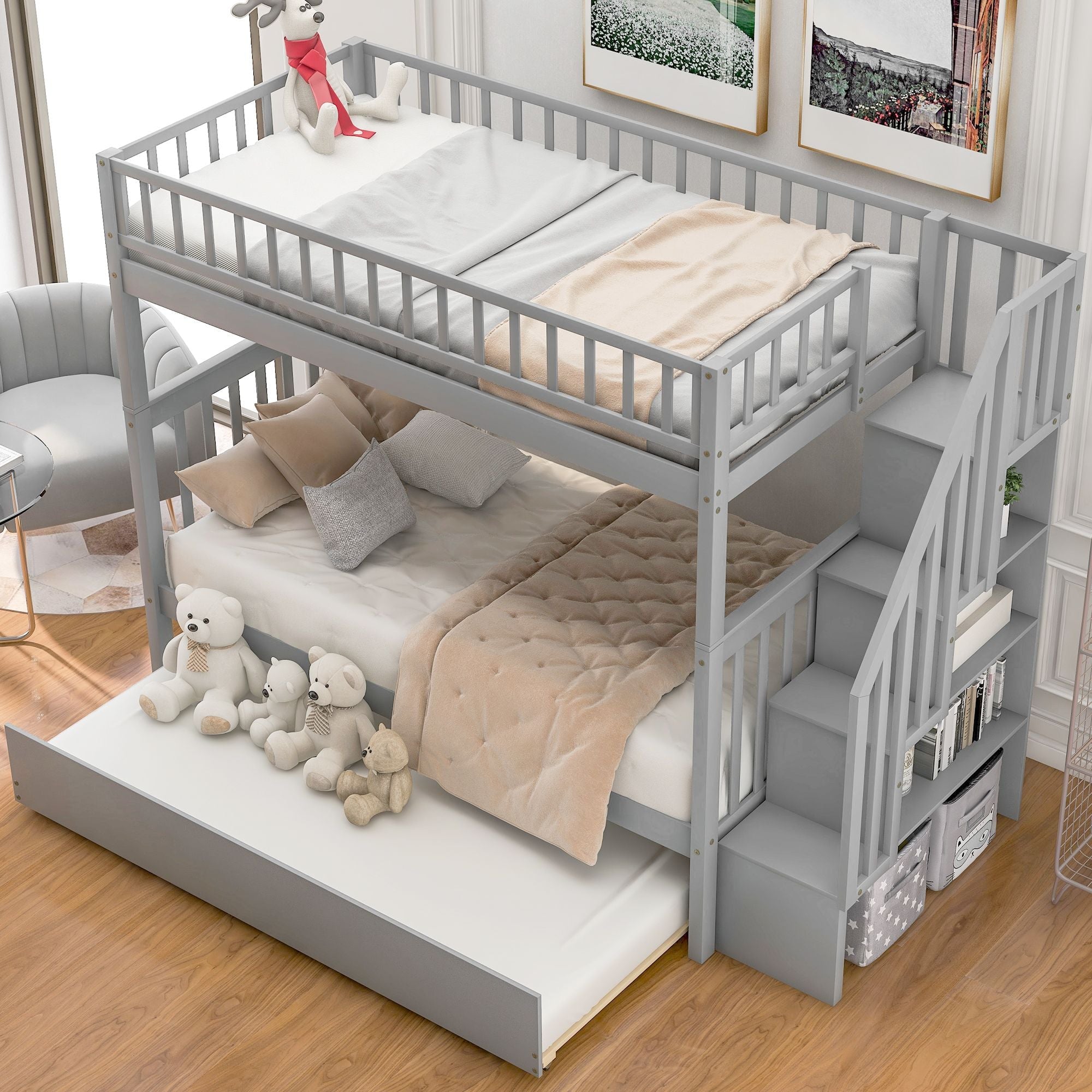 Space-Saving Twin Over Twin Wood Bunk Bed with Trundle and Storage in White or Gray | Just Better Bunk Beds