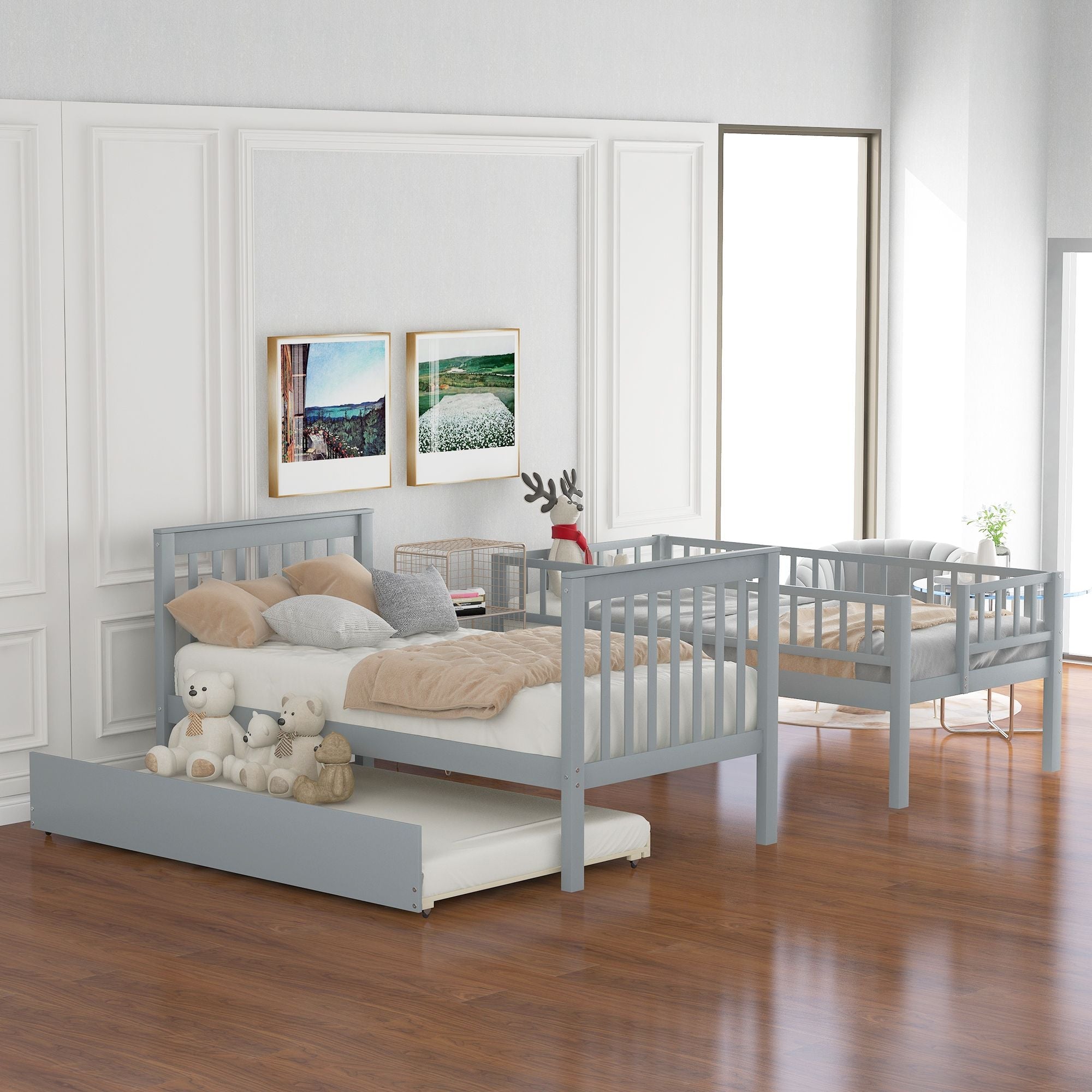 Space-Saving Twin Over Twin Wood Bunk Bed with Trundle and Storage in White or Gray | Just Better Bunk Beds