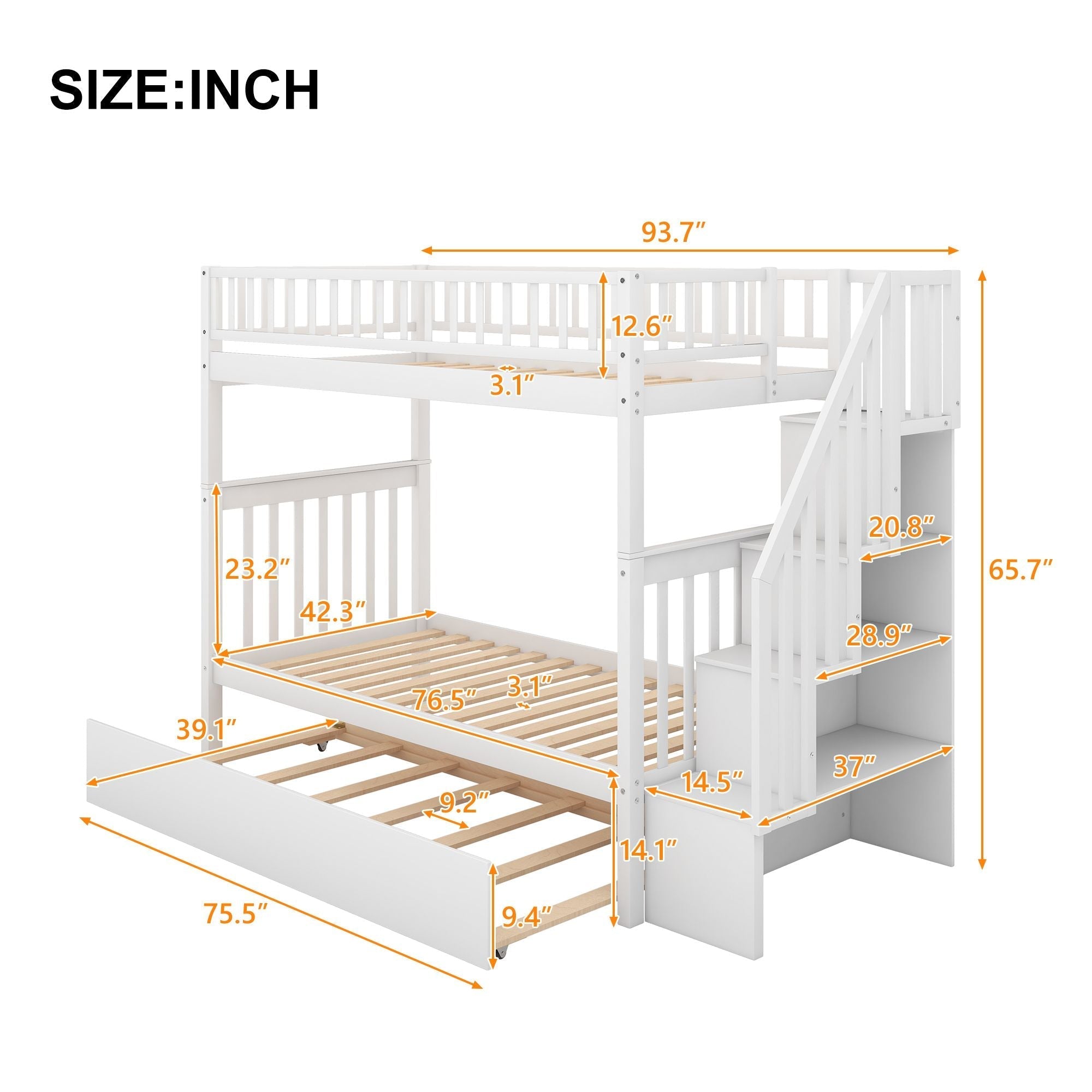 Space-Saving Twin Over Twin Wood Bunk Bed with Trundle and Storage Shelves, White | Just Better Bunk Beds