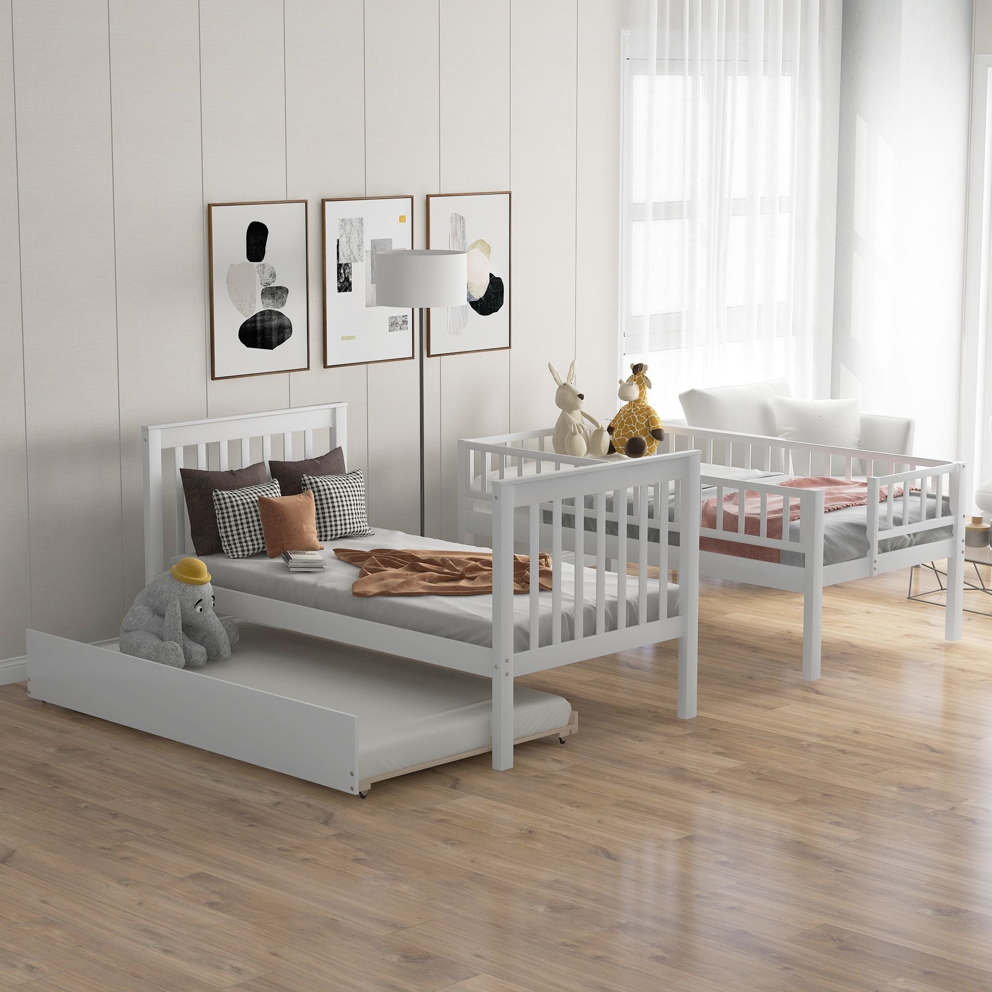 Space-Saving Twin Over Twin Wood Bunk Bed with Trundle and Storage Shelves, White | Just Better Bunk Beds