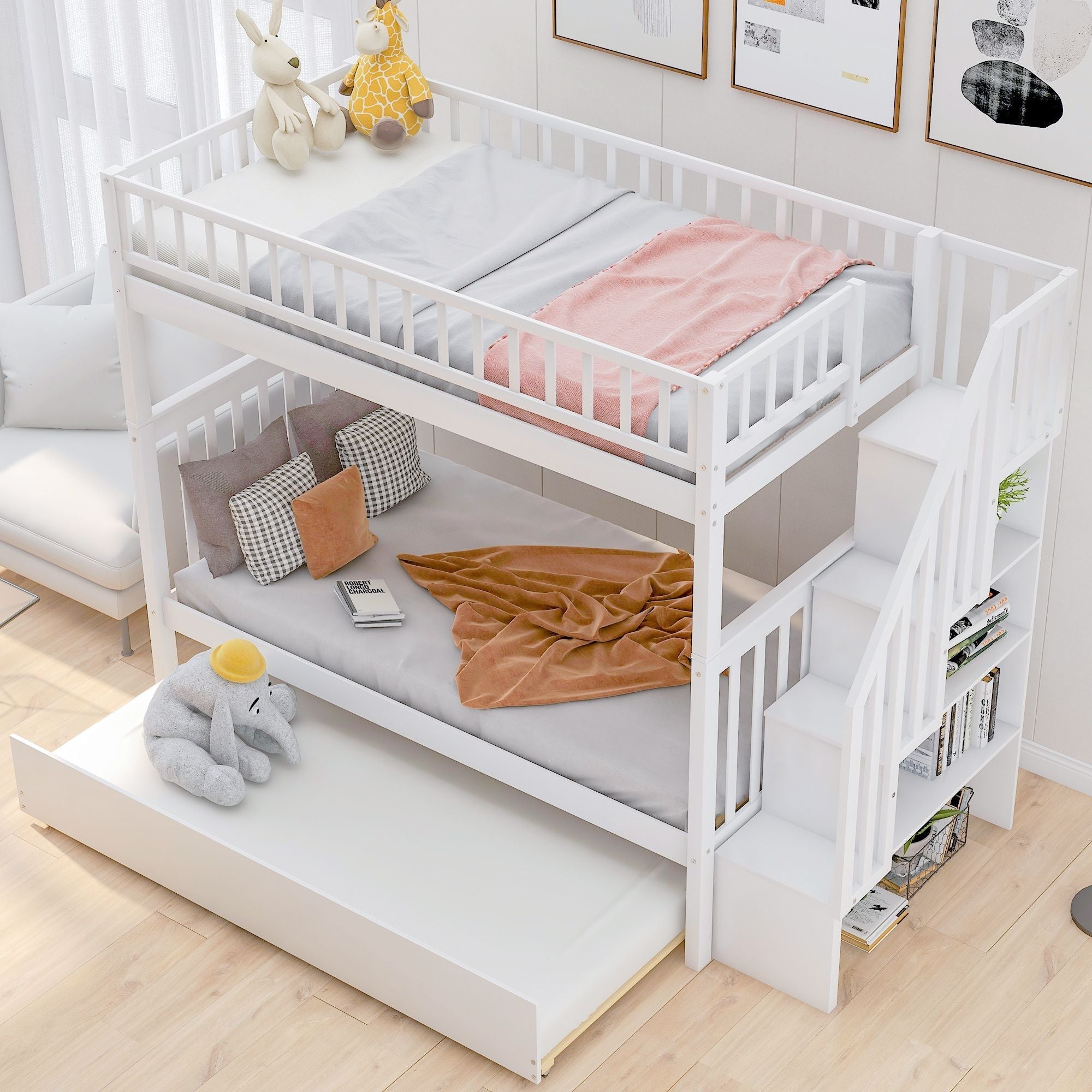 Space-Saving Twin Over Twin Wood Bunk Bed with Trundle and Storage Shelves, White | Just Better Bunk Beds