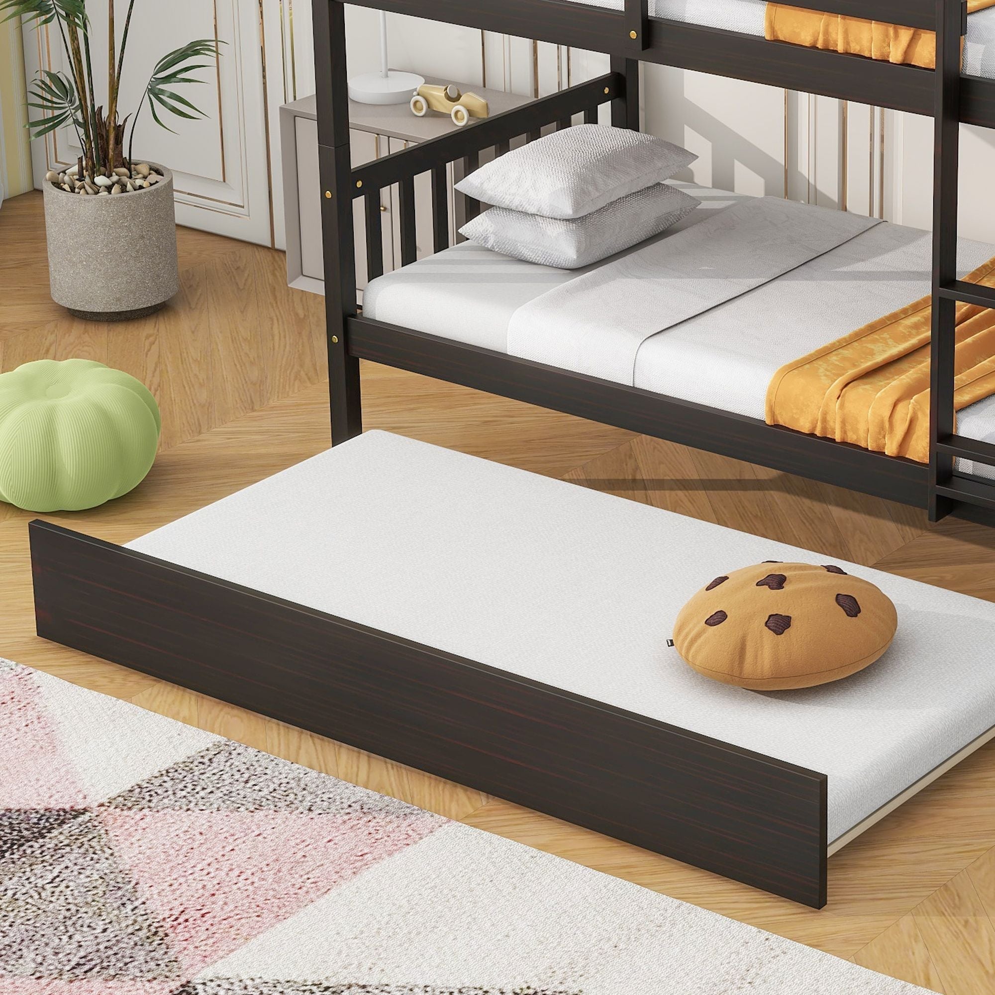 Space-Saving Twin Over Twin Wood Bunk Bed with Trundle, Ladder, and Guardrails in Espresso | Just Better Bunk Beds