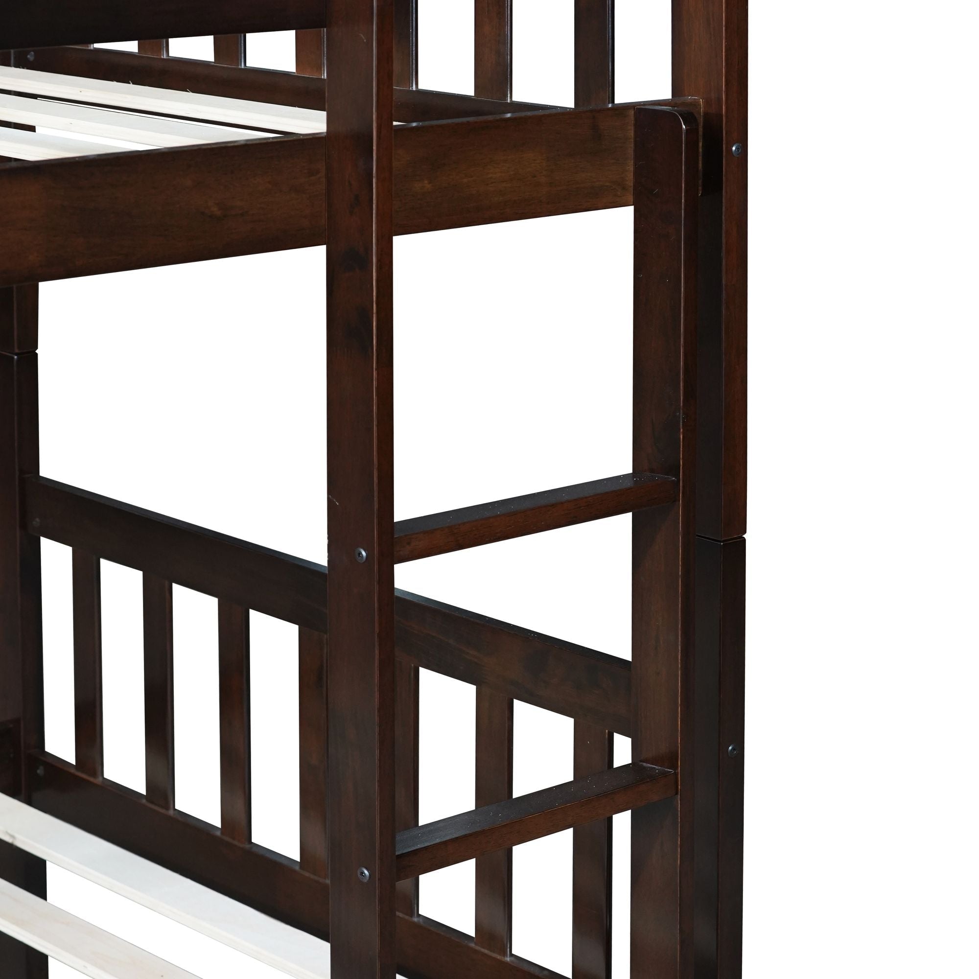 Space-Saving Twin Over Twin Wood Bunk Bed with Trundle, Ladder, and Guardrails in Espresso | Just Better Bunk Beds
