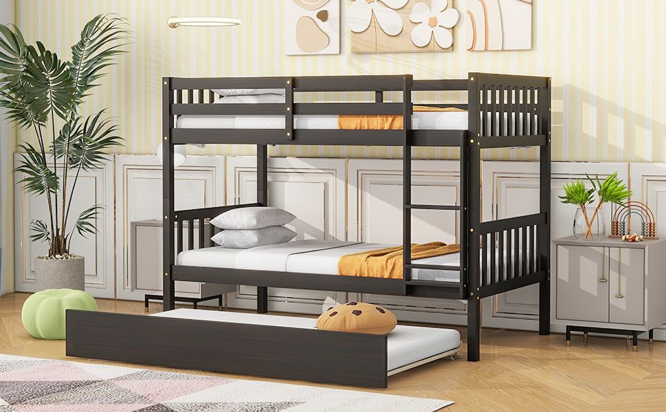 Space-Saving Twin Over Twin Wood Bunk Bed with Trundle, Ladder, and Guardrails in Espresso | Just Better Bunk Beds