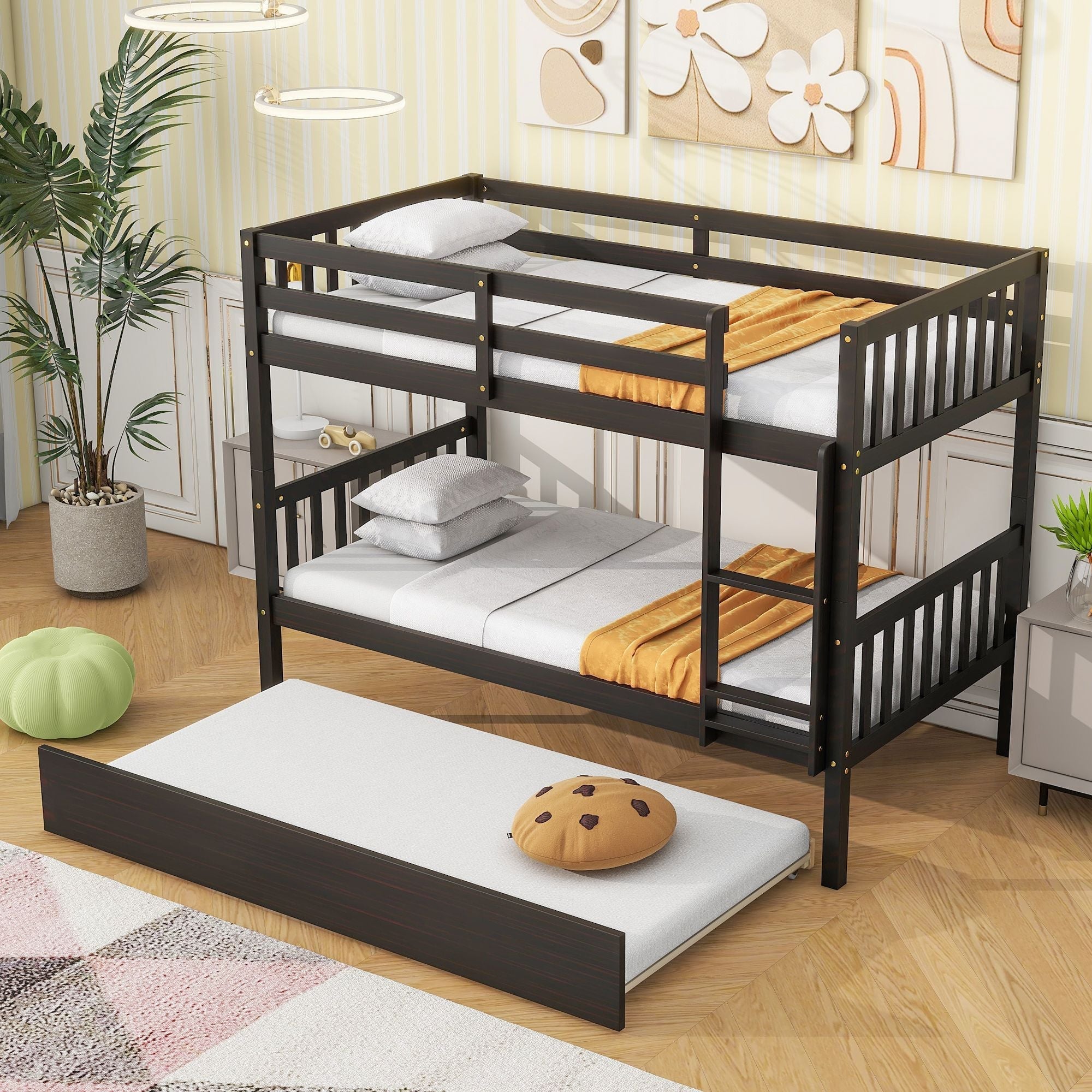 Space-Saving Twin Over Twin Wood Bunk Bed with Trundle, Ladder, and Guardrails in Espresso | Just Better Bunk Beds